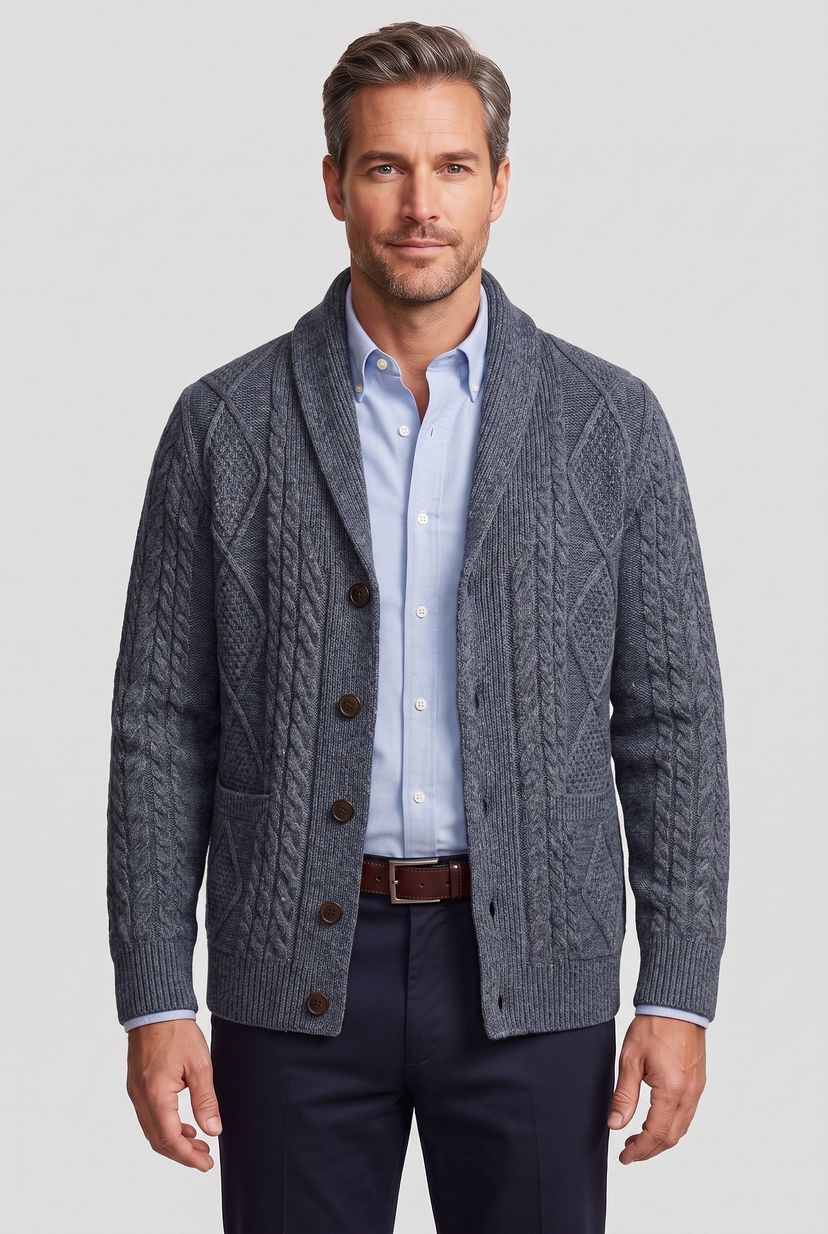 Men's Cardigan | Cable Knit Button Front - Grey