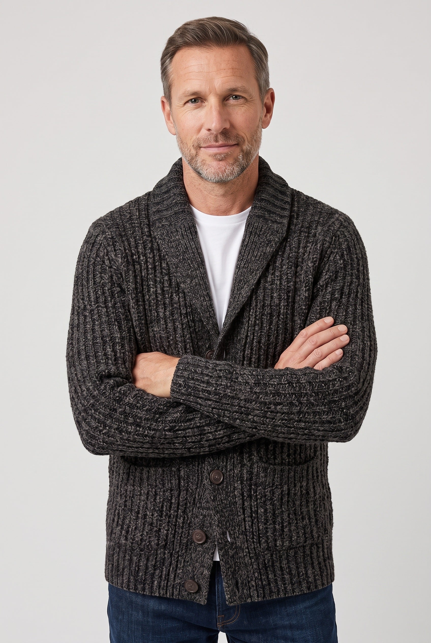 Men's Cardigan | Chunky Knit Shawl Collar - Dark Grey
