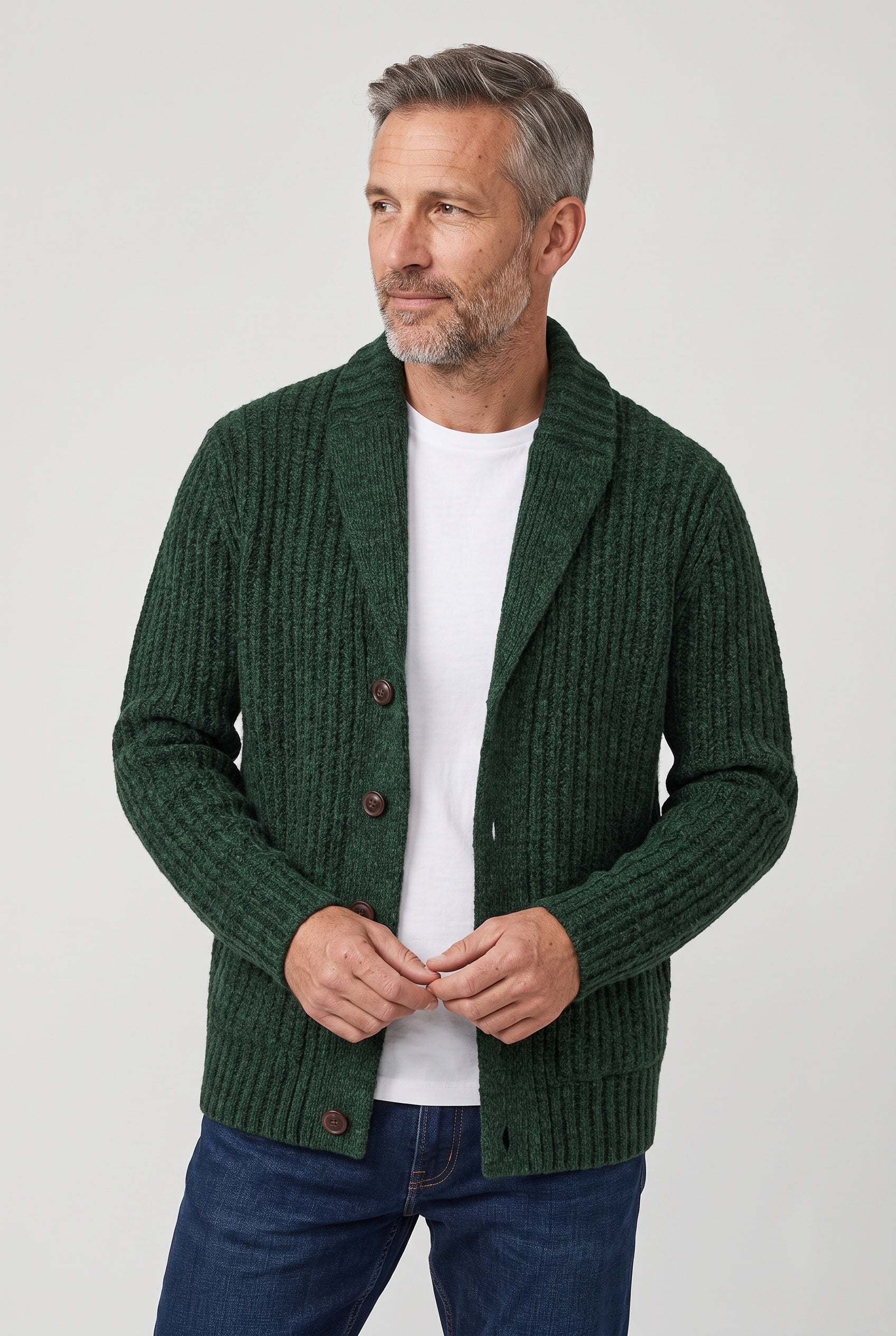 Men's Cardigan | Chunky Knit Shawl Collar - Green