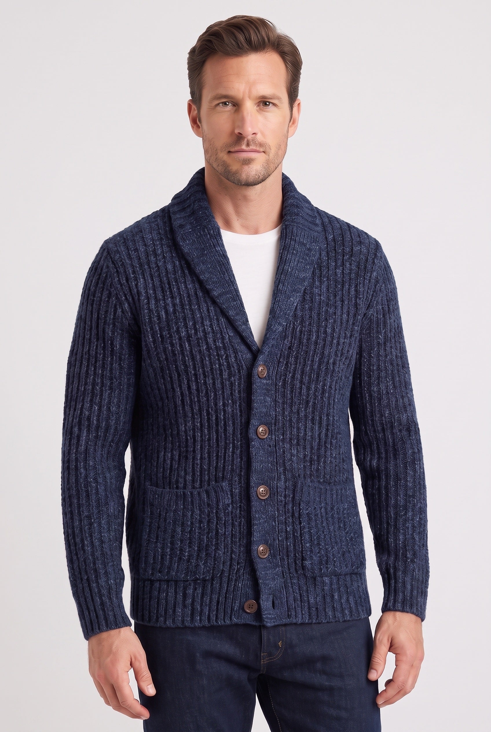 Men's Cardigan | Chunky Knit Shawl Collar - Navy Blue