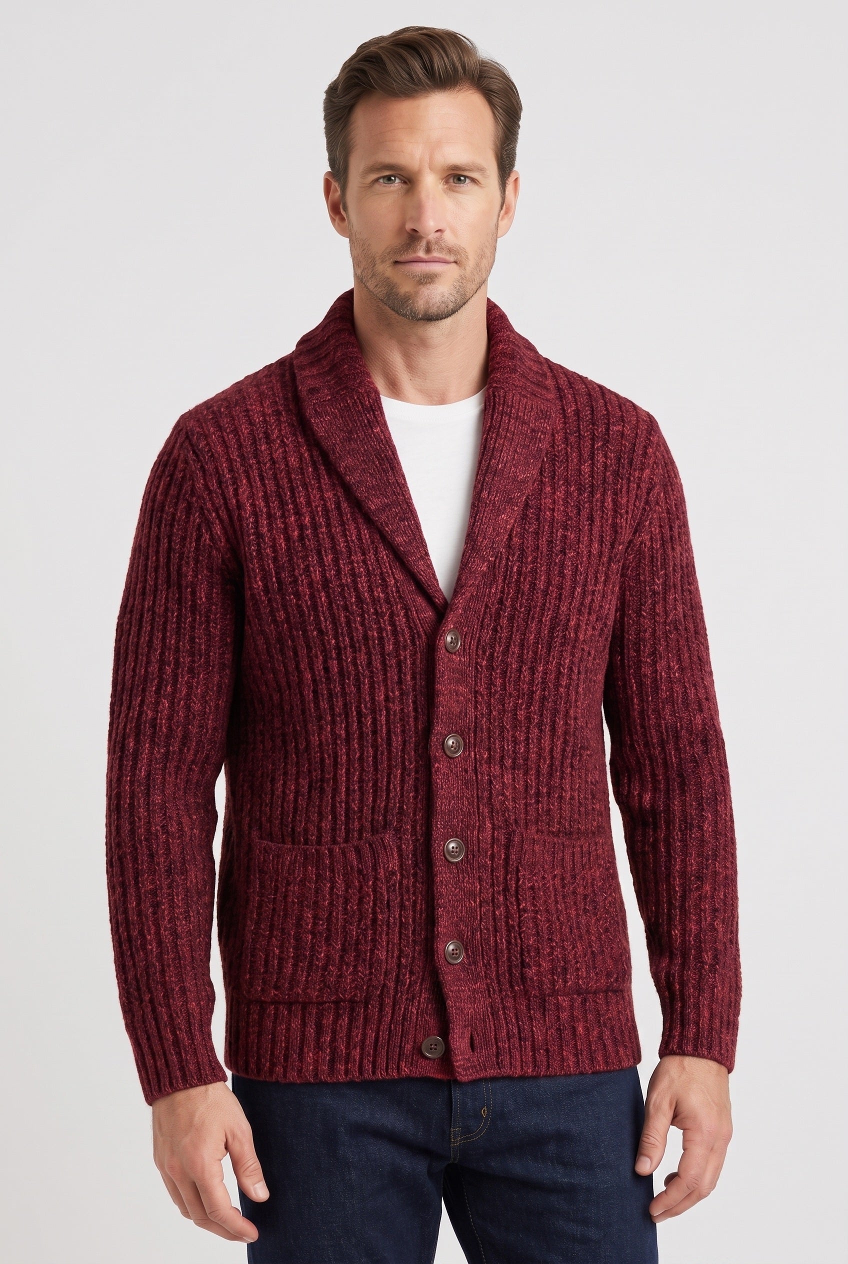 Men's Cardigan | Chunky Knit Shawl Collar - Red
