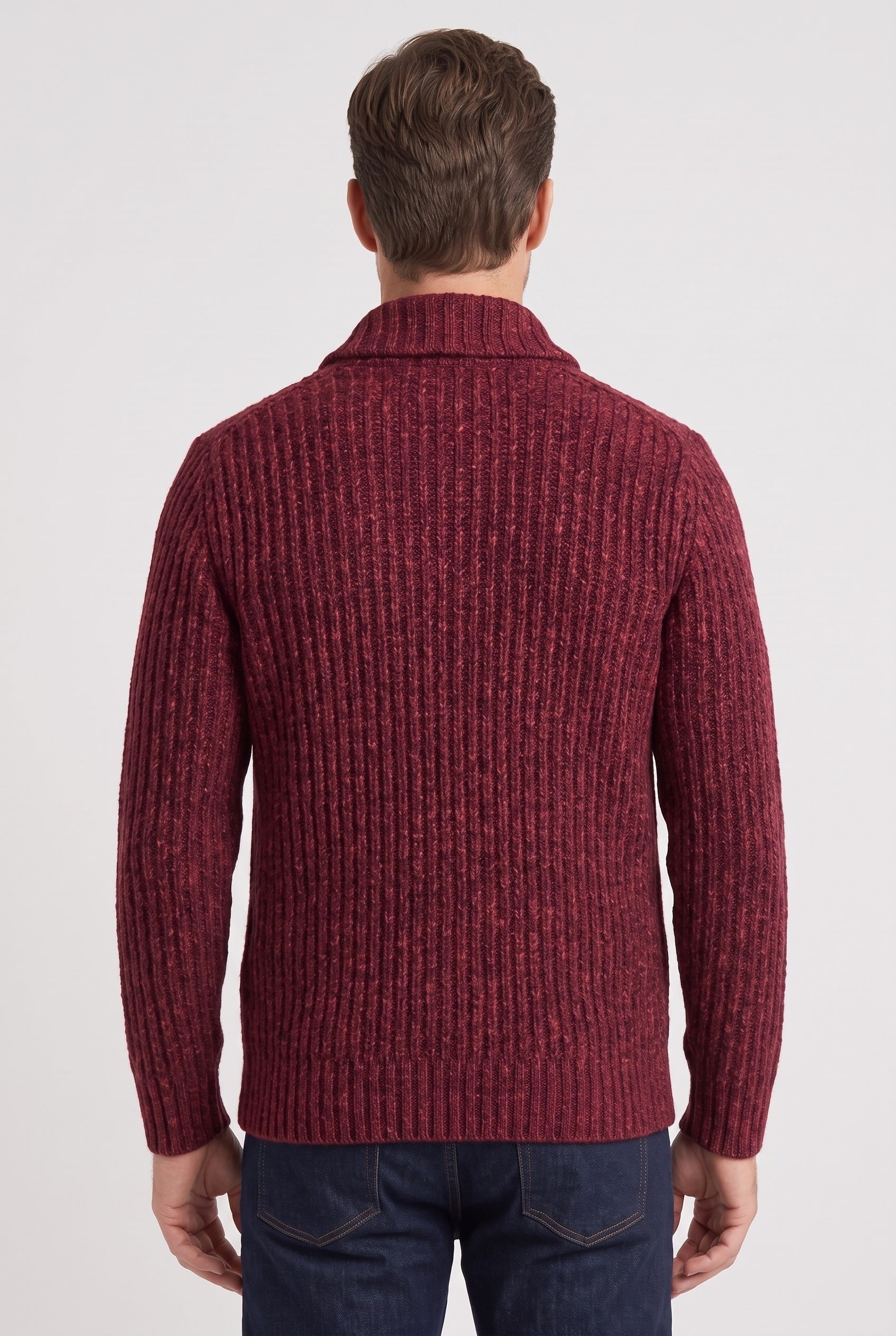 Men's Cardigan | Chunky Knit Shawl Collar - Red back