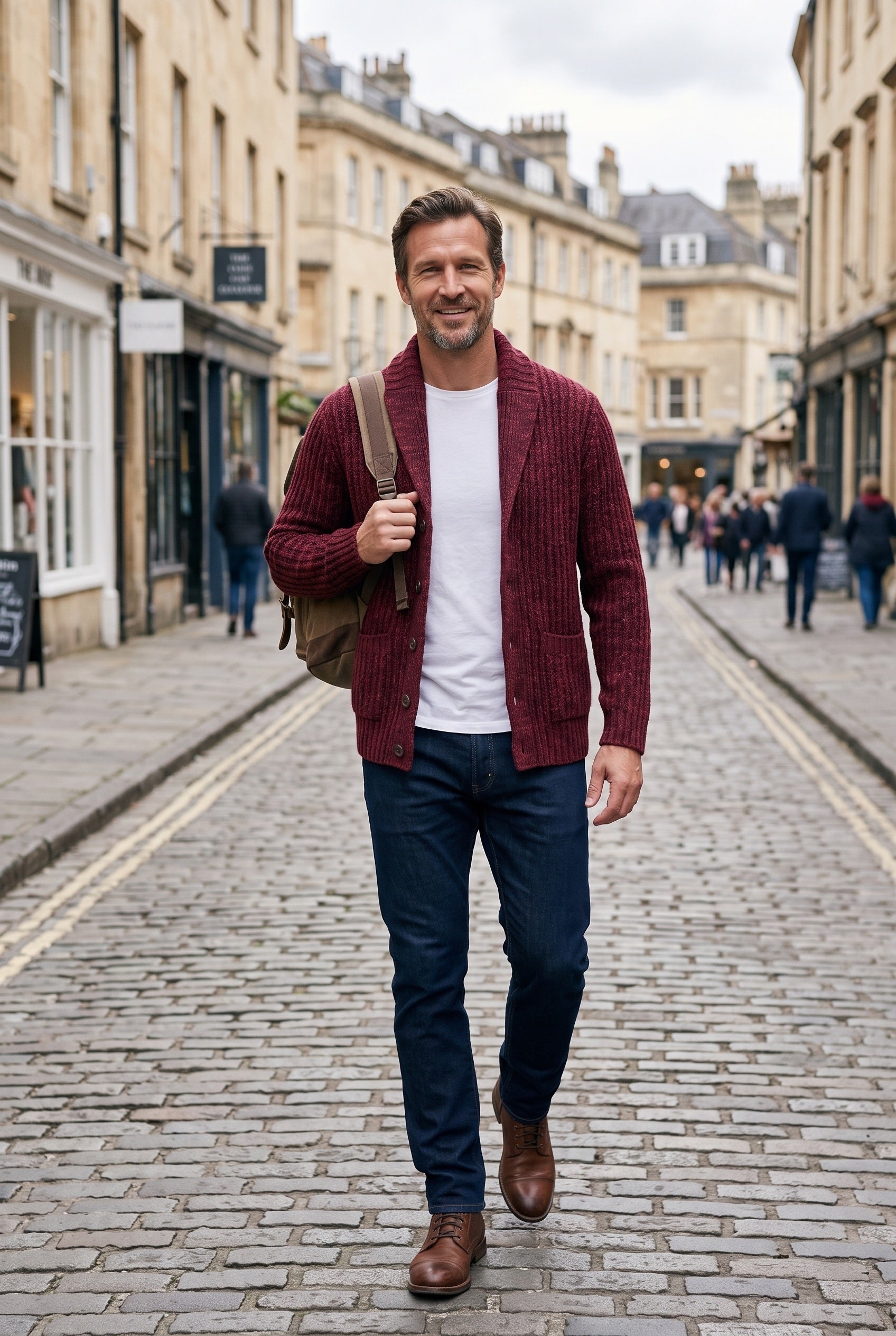 Men's Cardigan | Chunky Knit Shawl Collar - Red lifestyle