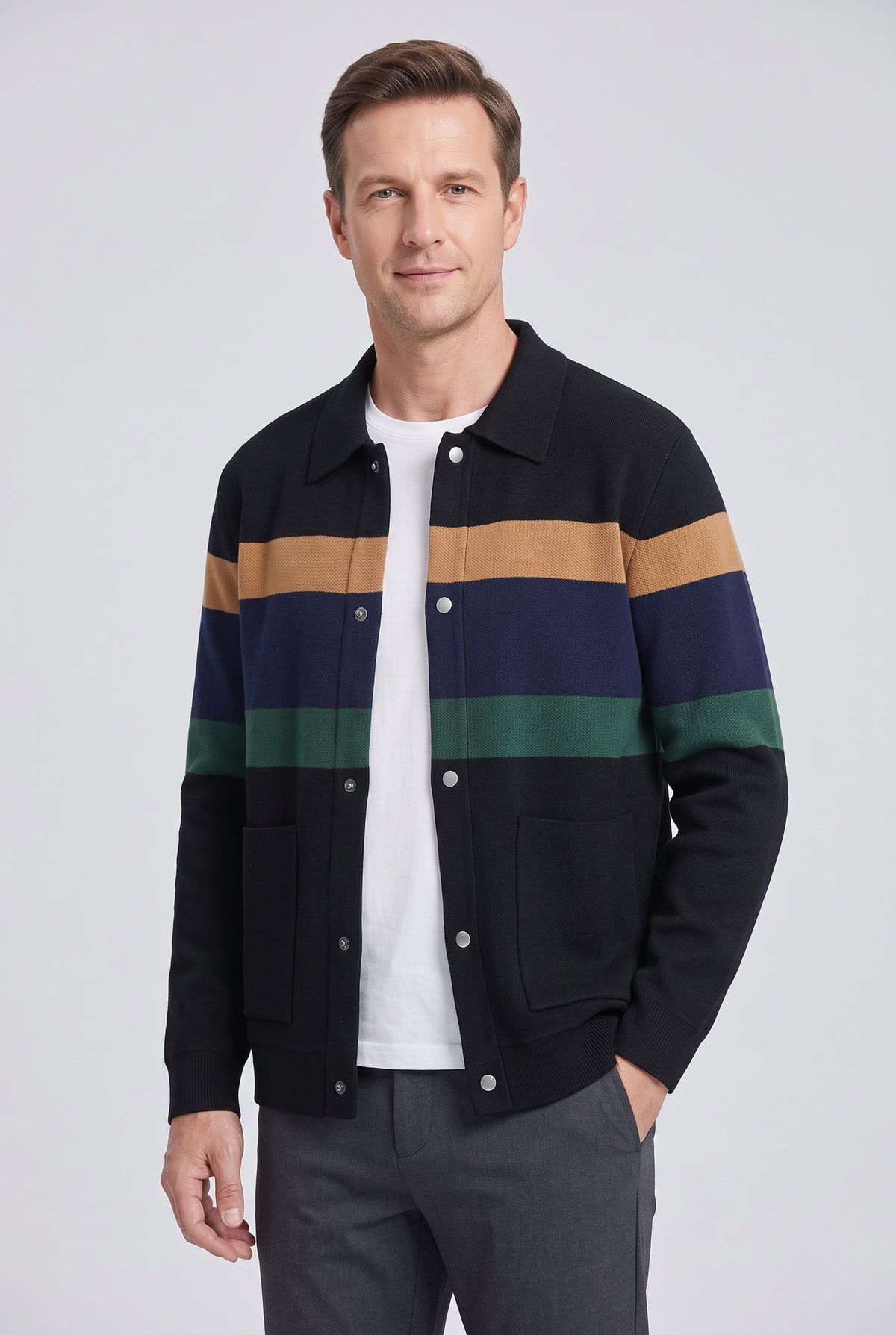 Men's Cardigan | Collared Colour Block - Black