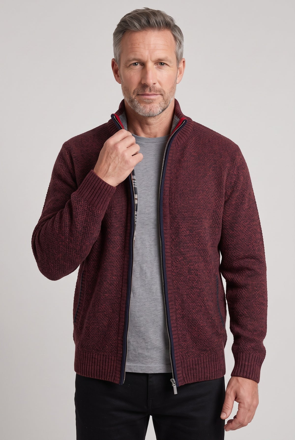 Men's Cardigan | Fleece-Lined Zip Front - Dark Red