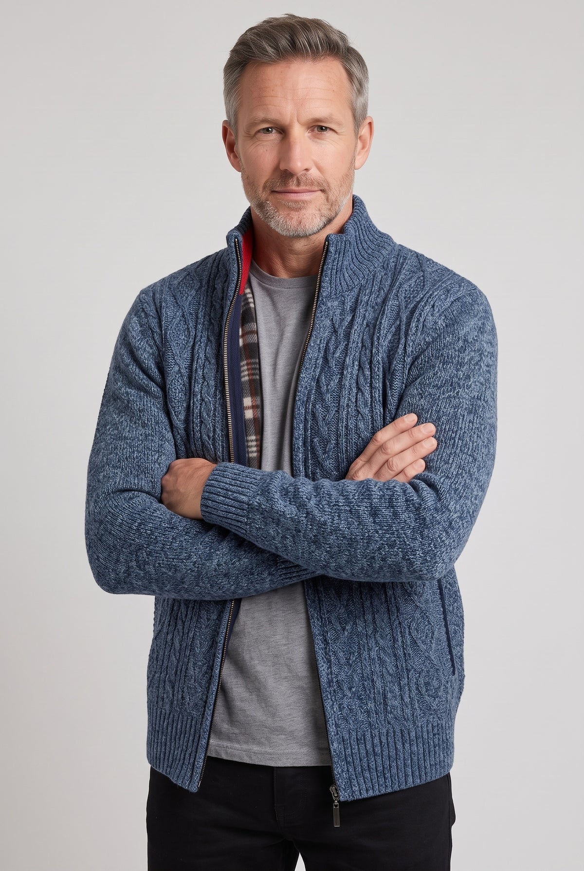 Men's Cardigan | Fleece-Lined Zip Front - Patterned Blue