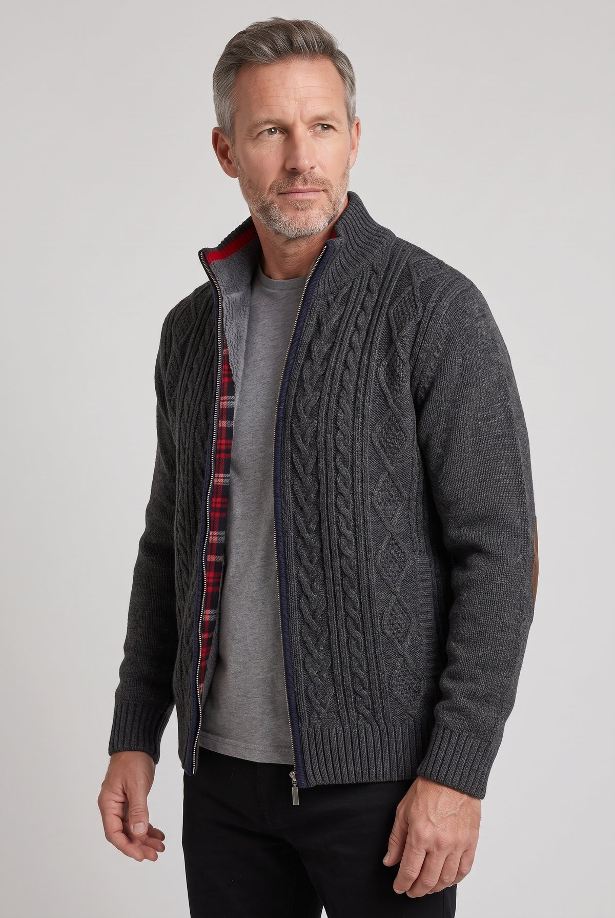 Men's Cardigan | Fleece-Lined Zip Front - Patterned Dark Grey