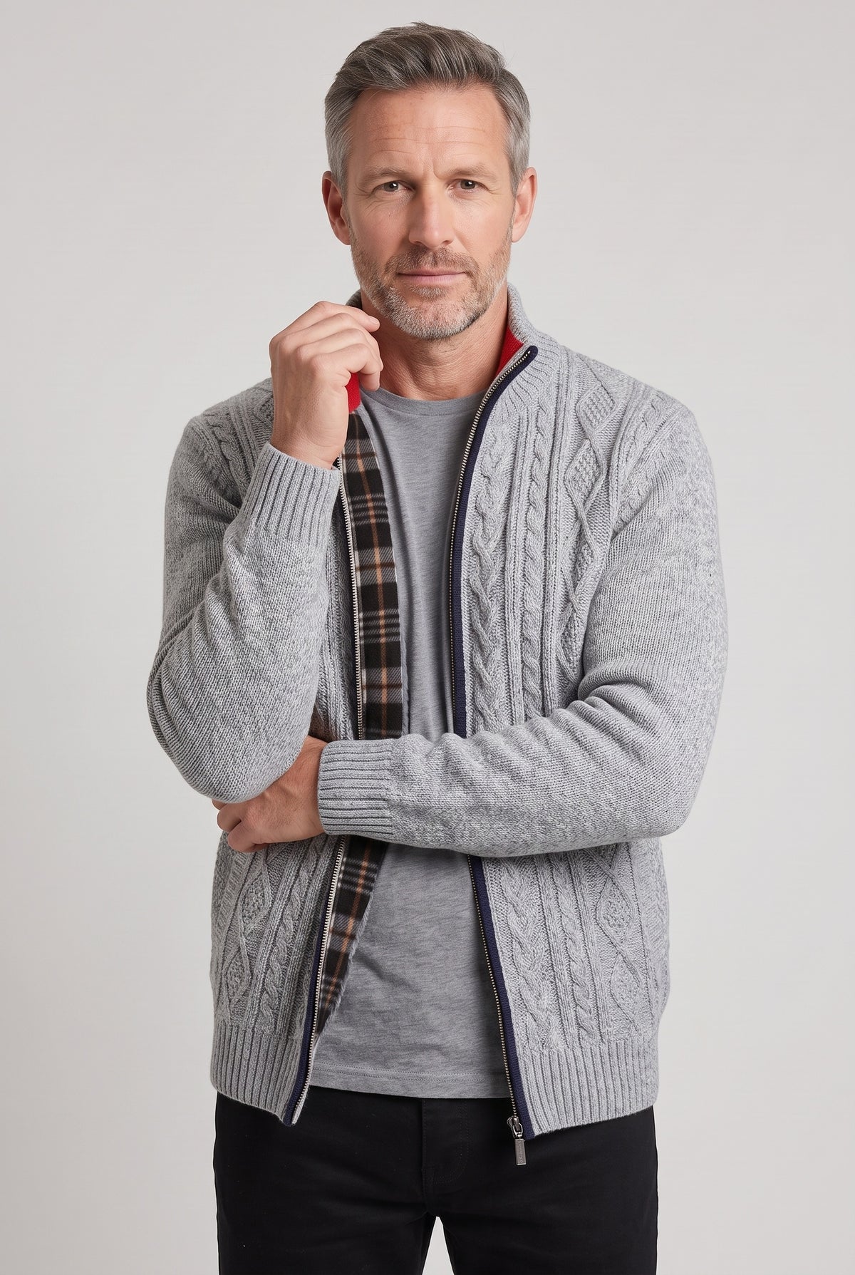 Men's Cardigan | Fleece-Lined Zip Front - Patterned Light Grey