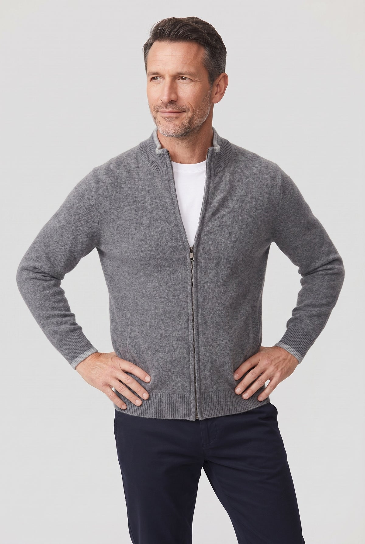 Men's Cardigan | Full-Zip with Ribbed Trims - Grey