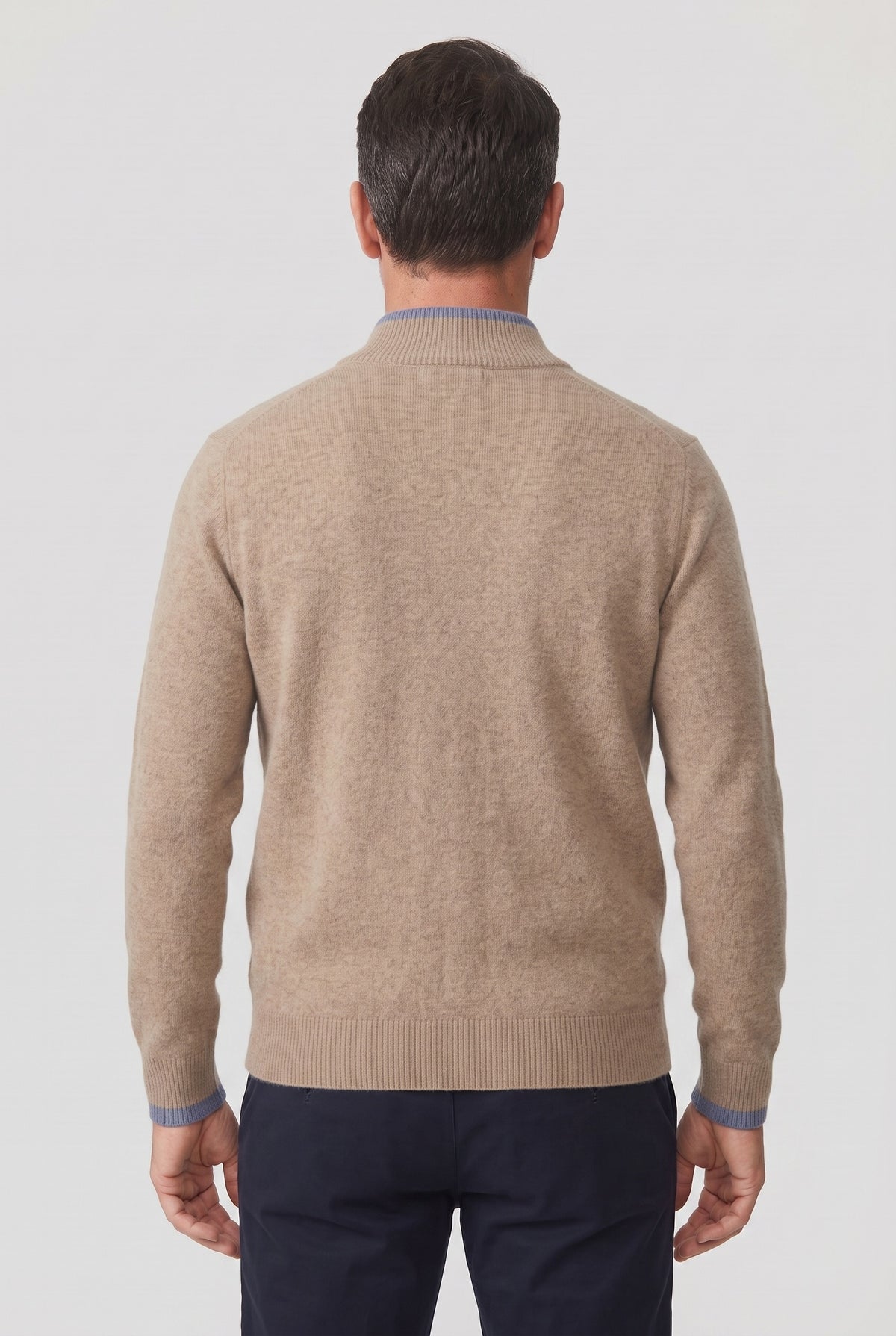 Men's Cardigan | Full-Zip with Ribbed Trims - Khaki back