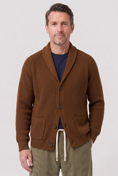 Men's Cardigan | Ribbed Shawl Collar - Brown