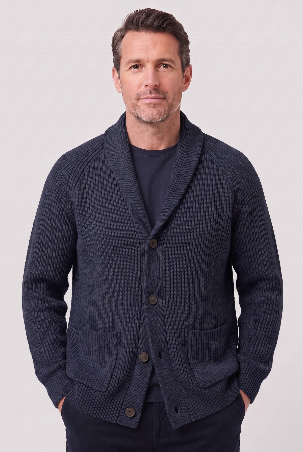 Men's Cardigan | Ribbed Shawl Collar - Dark Blue