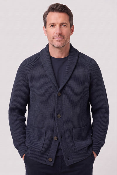 Men's Cardigan | Ribbed Shawl Collar - Dark Blue