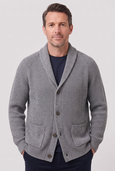 Men's Cardigan | Ribbed Shawl Collar - Grey