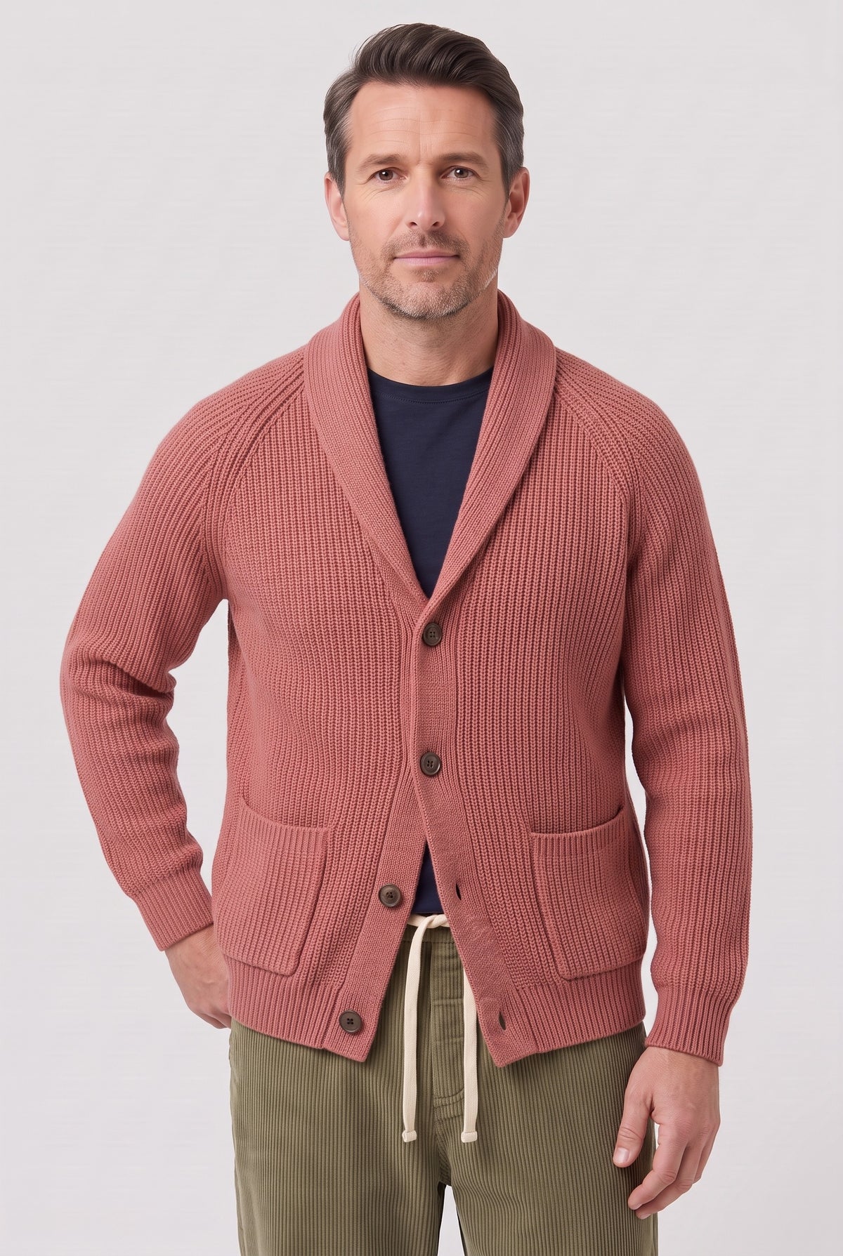 Men's Cardigan | Ribbed Shawl Collar - Pink