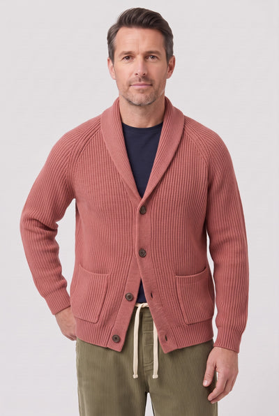 Men's Cardigan | Ribbed Shawl Collar - Pink