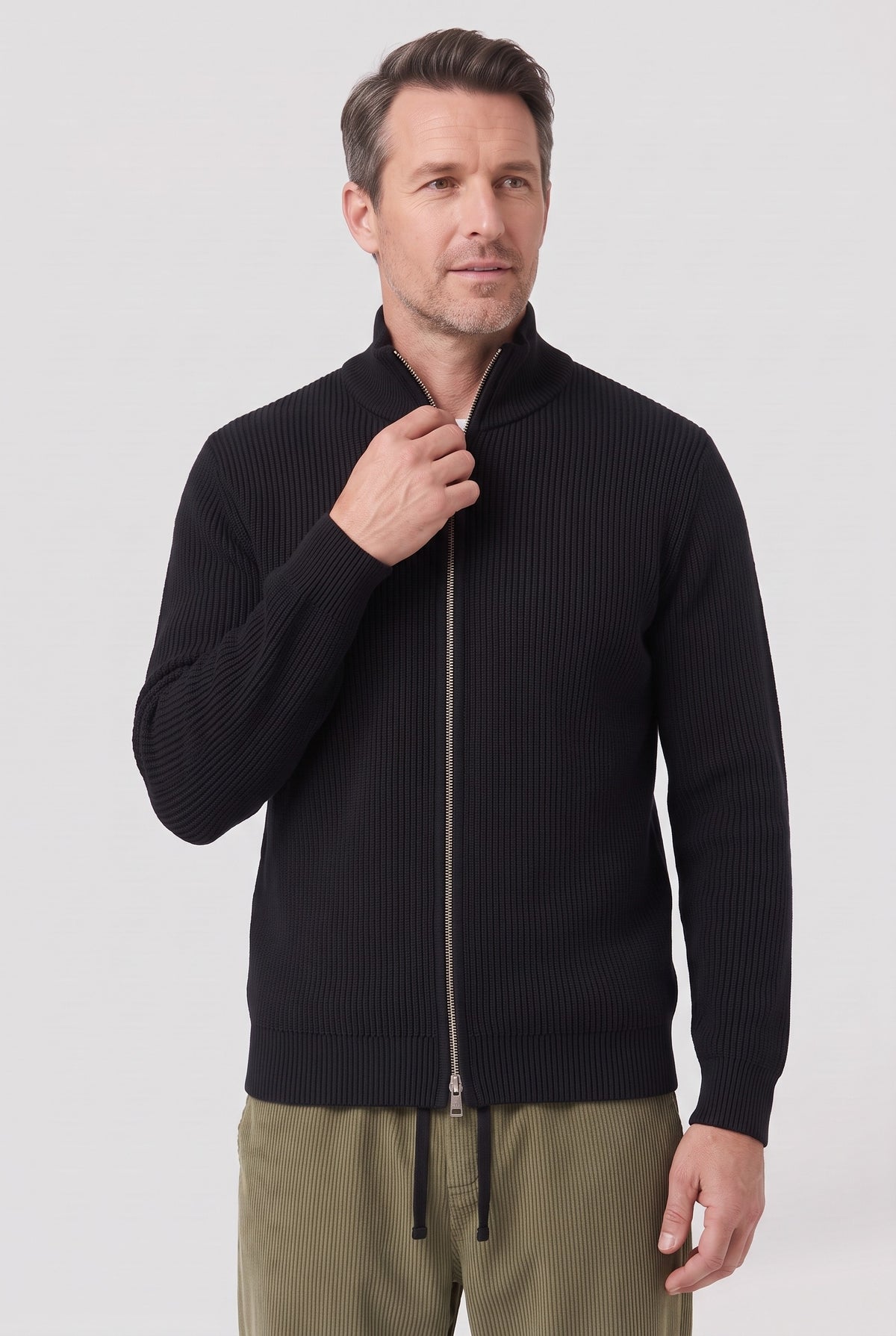Men's Cardigan | Ribbed Zip Stand Collar - Black