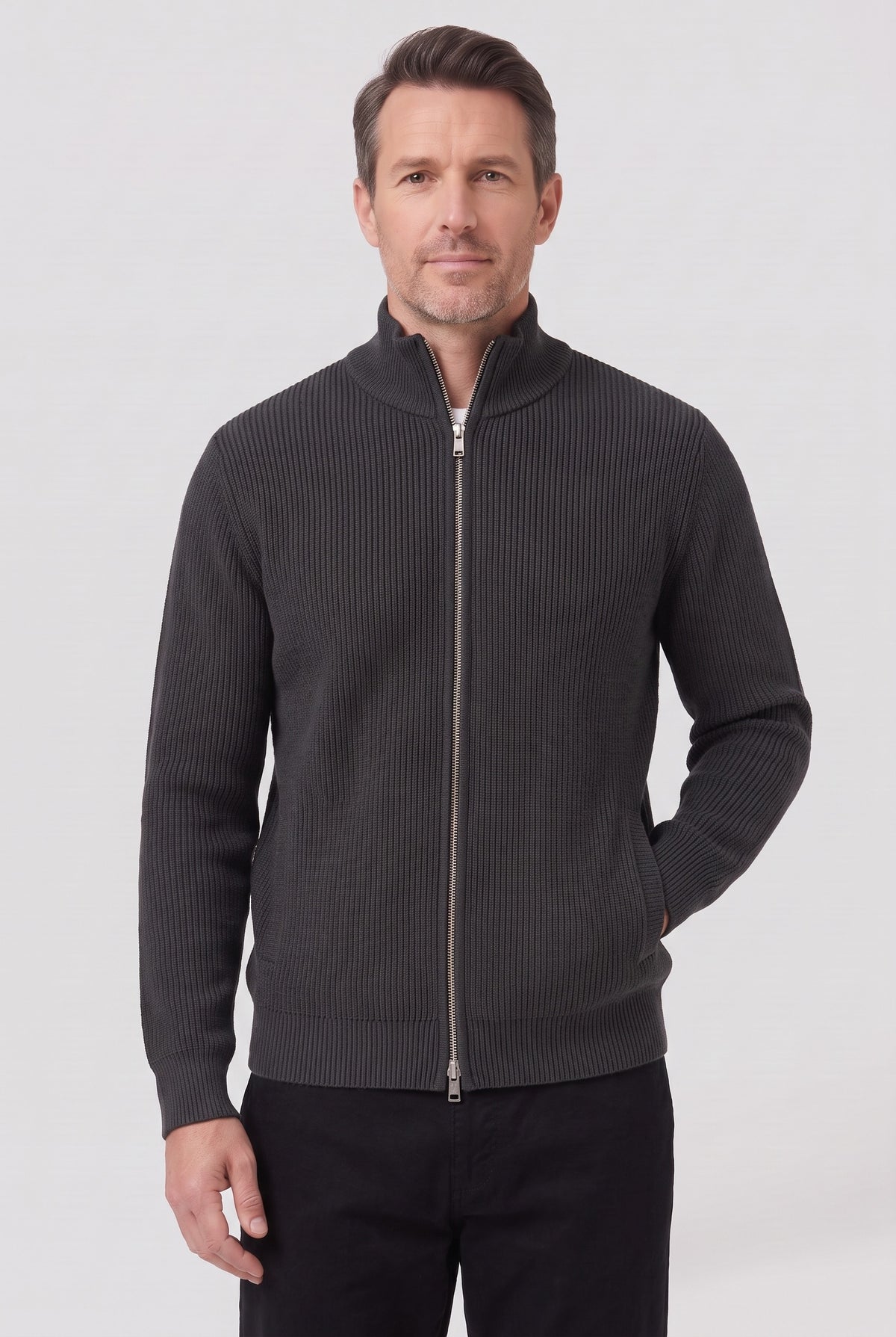 Men's Cardigan | Ribbed Zip Stand Collar - Grey