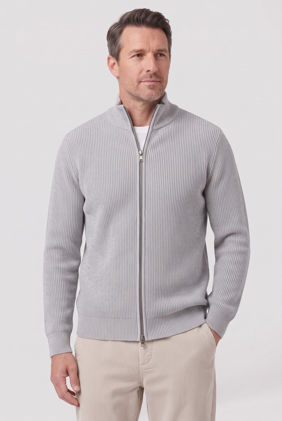 Men's Cardigan | Ribbed Zip Stand Collar - Light Grey
