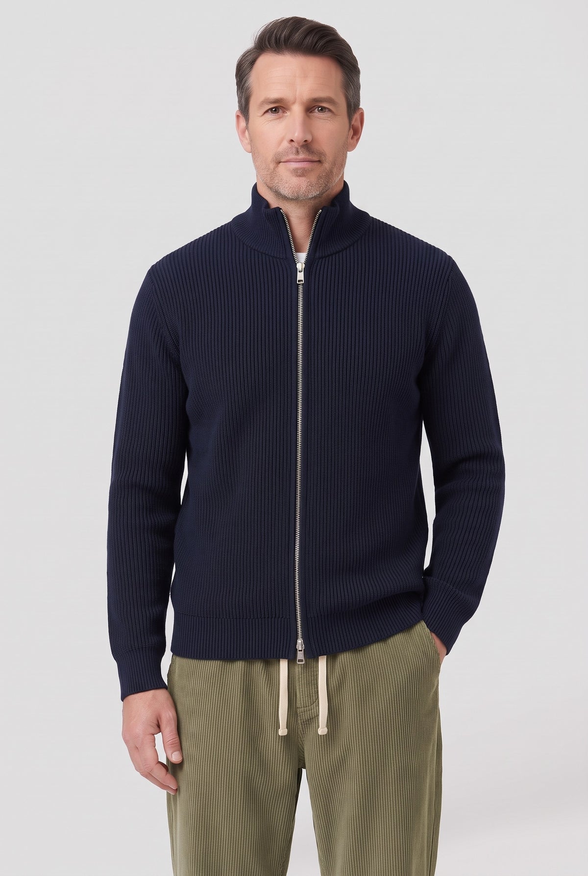 Men's Cardigan | Ribbed Zip Stand Collar - Navy