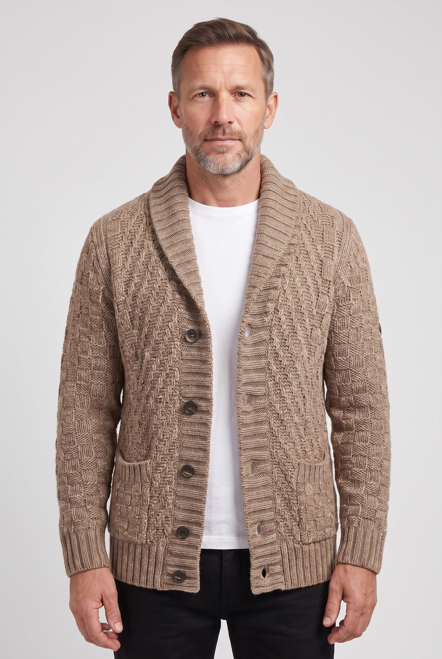 Men's Cardigan | Shawl Collar Cable Knit - Brown