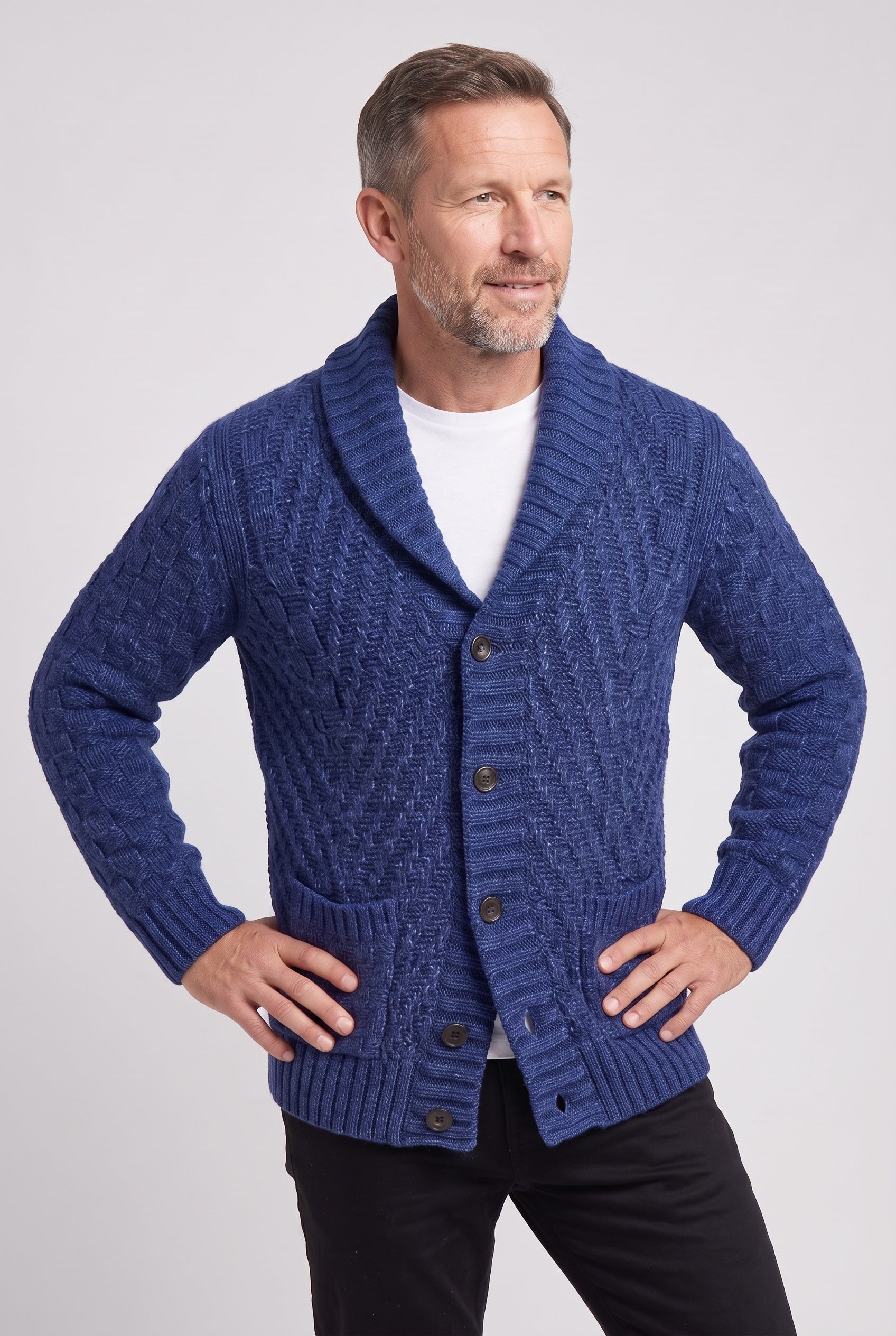 Men's Cardigan | Shawl Collar Cable Knit - Navy