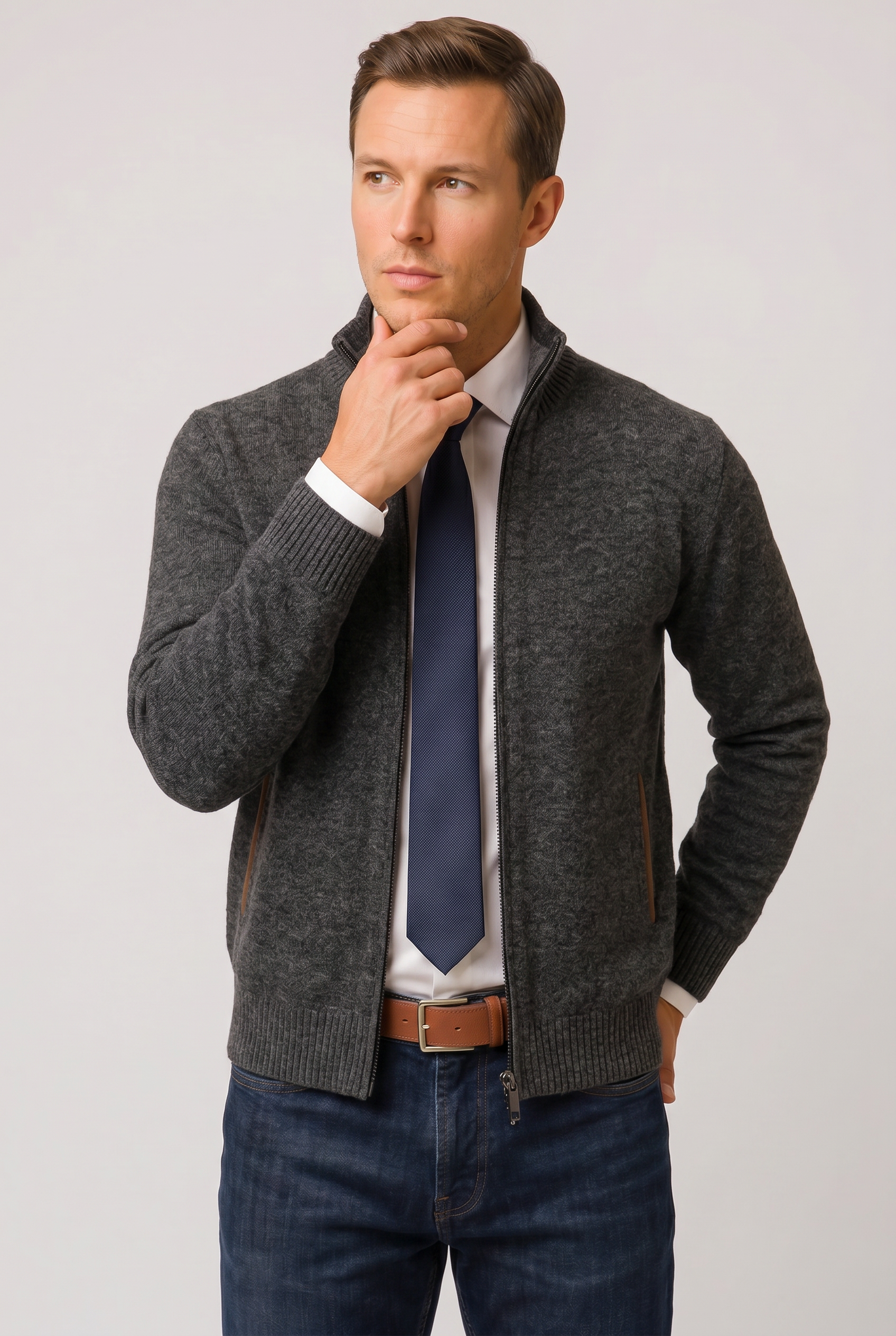 Men's Cardigan | Zip Up Knitted Classic-5
