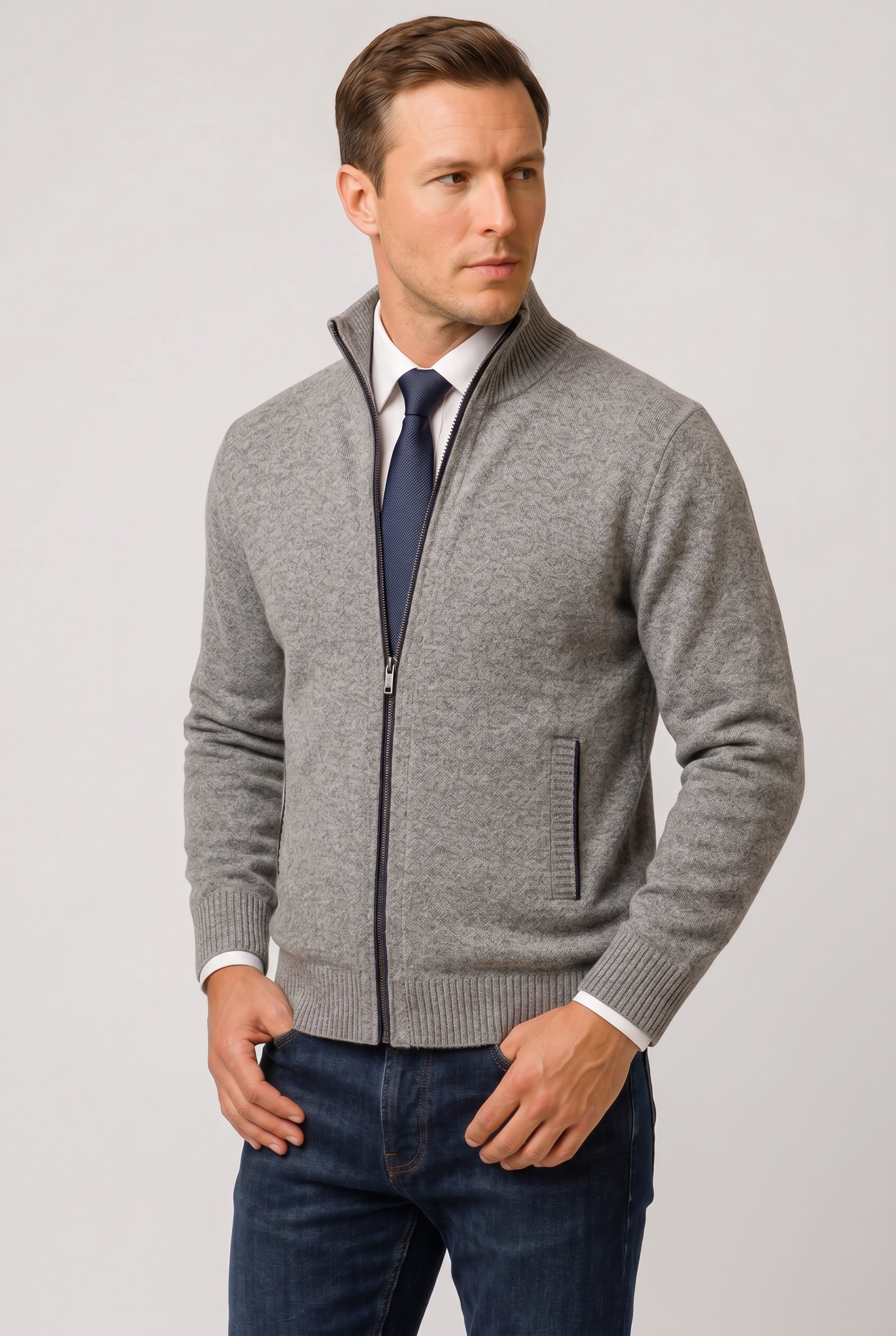 Men's Cardigan | Zip Up Knitted Classic-7