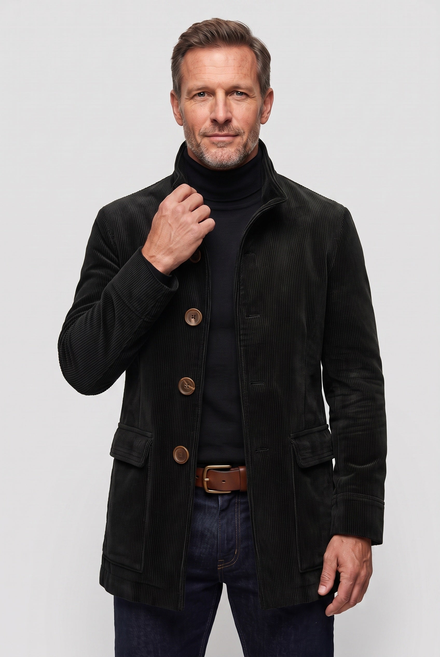 Men's Coat | Corduroy with Stand Collar - Black