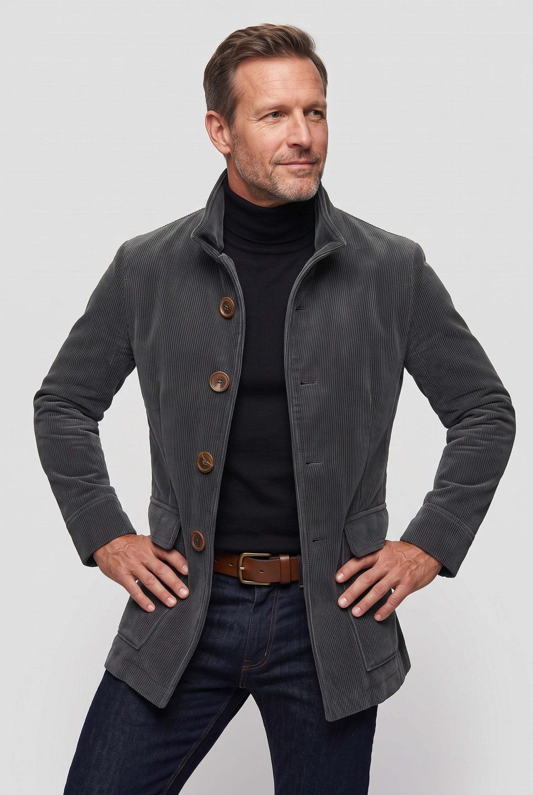 Men's Coat | Corduroy with Stand Collar - Grey