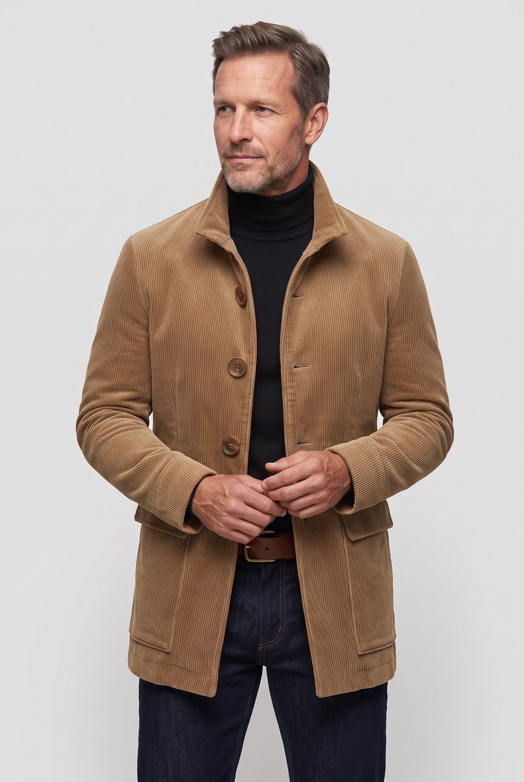 Men's Coat | Corduroy with Stand Collar - Light Brown