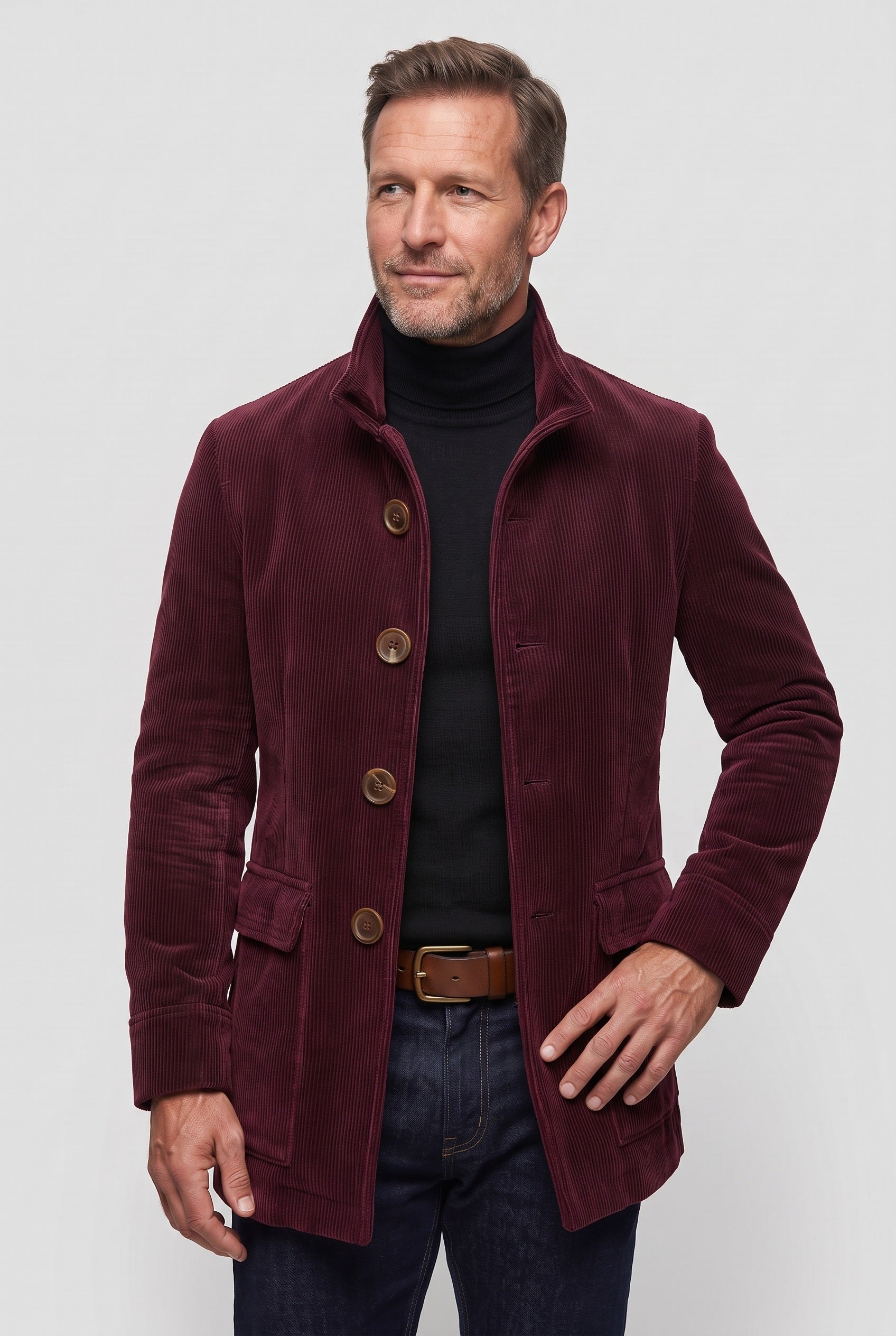 Men's Coat | Corduroy with Stand Collar - Wine Red