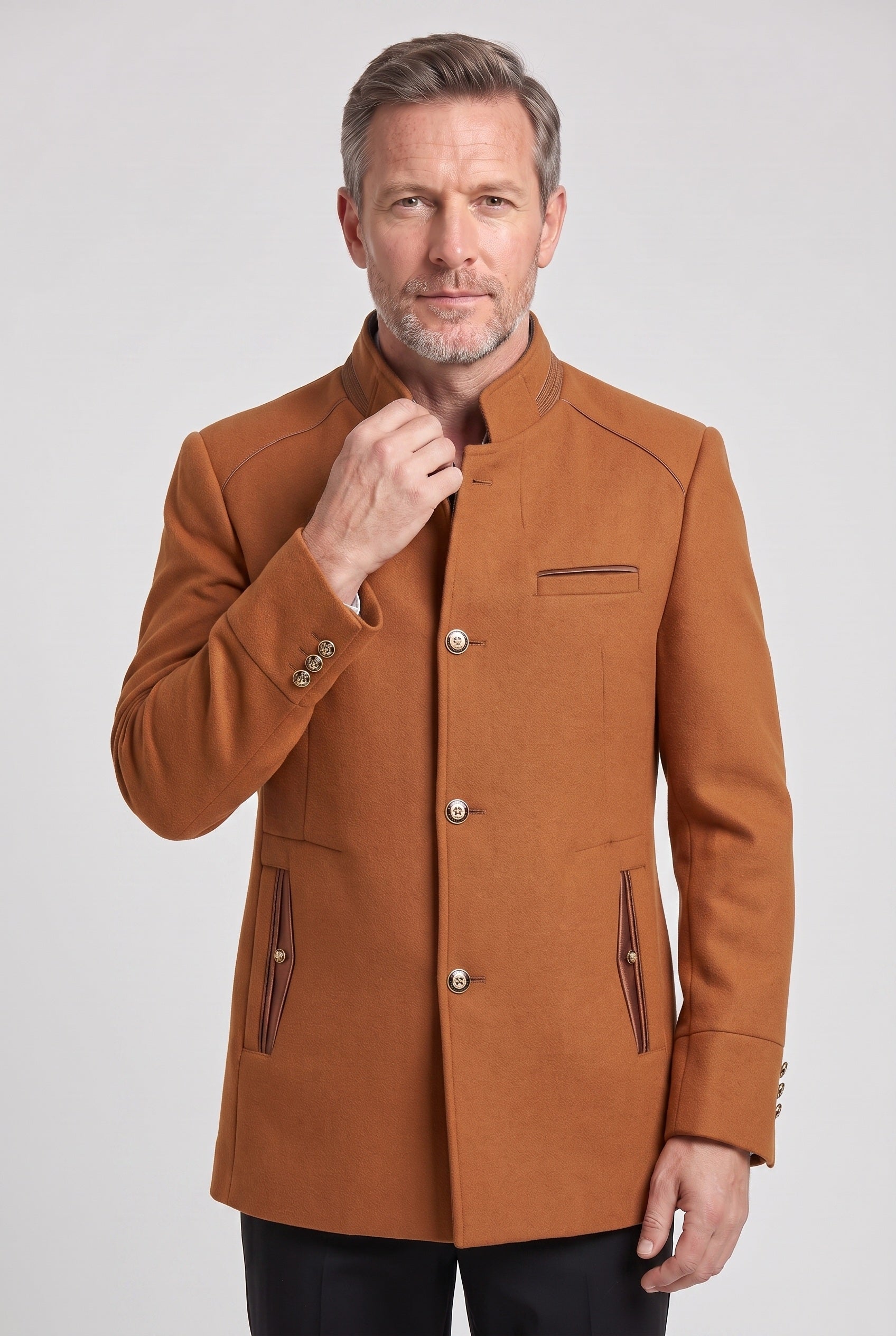 Men's Coat | Mid Length Button Front - Brown