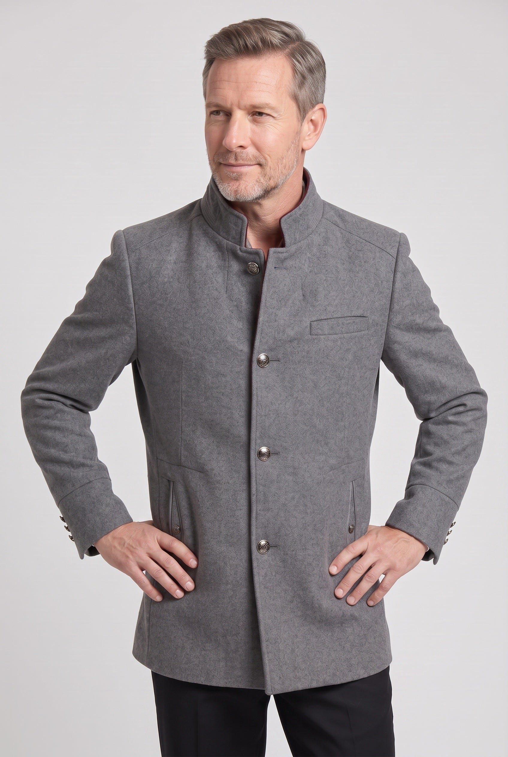 Men's Coat | Mid Length Button Front - Grey