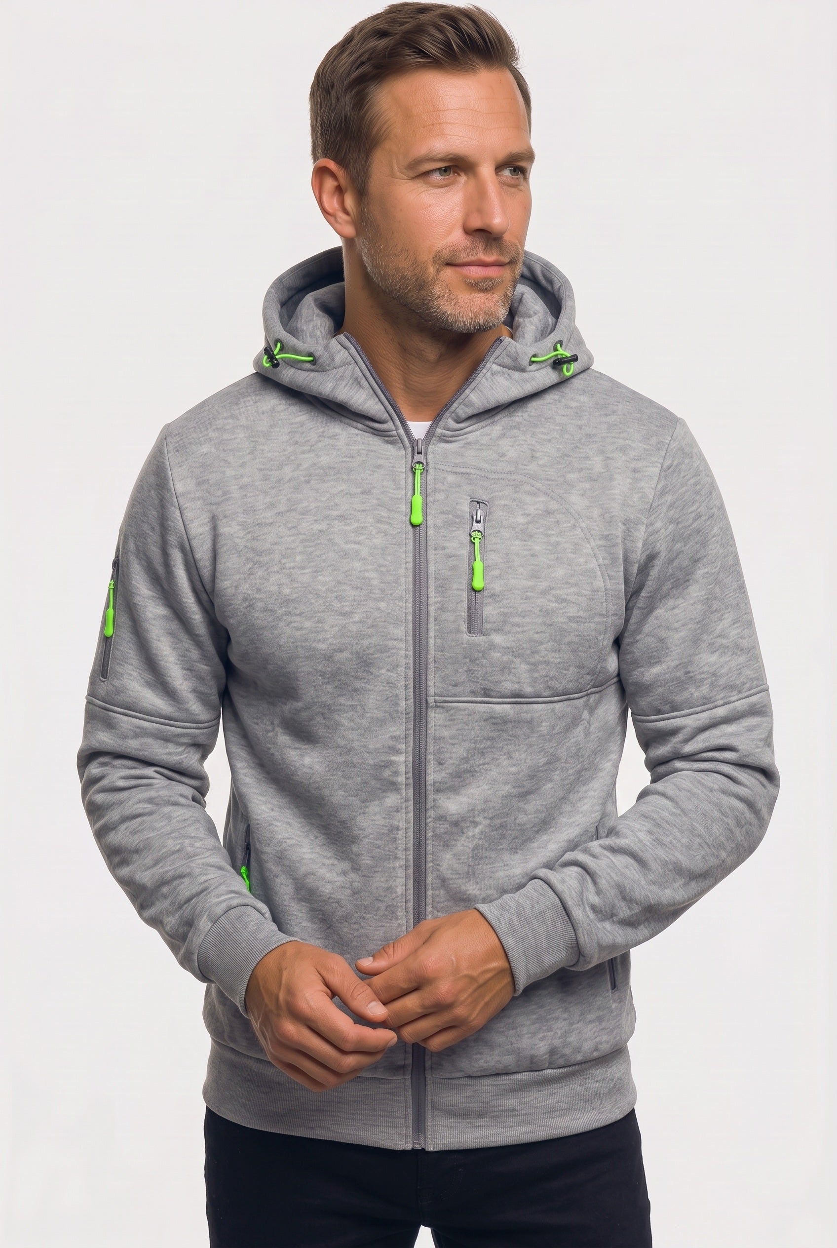 Men's Hoodie | Full Zip with Multiple Zipped Pockets - Light Grey