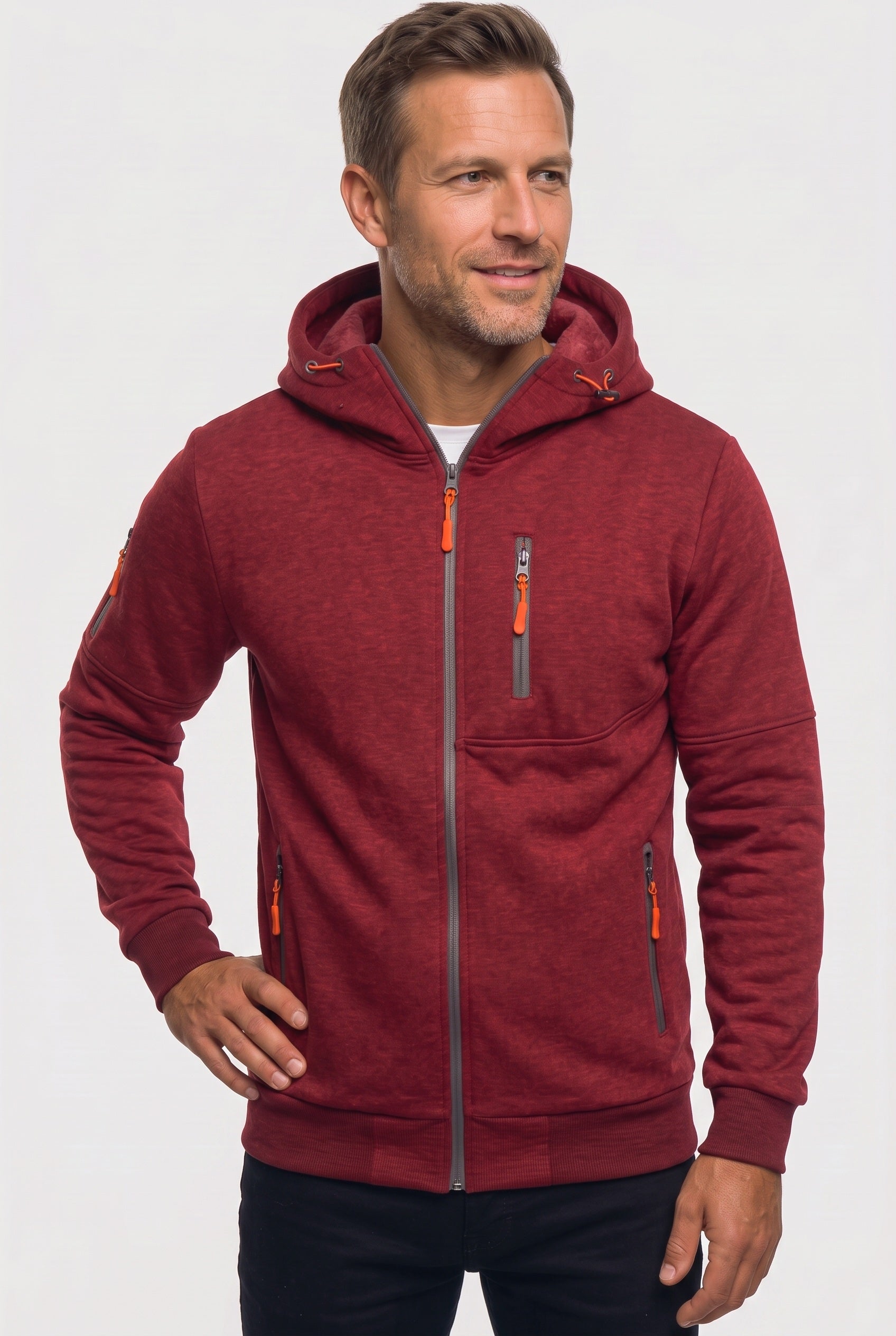 Men's Hoodie | Full Zip with Multiple Zipped Pockets - Red