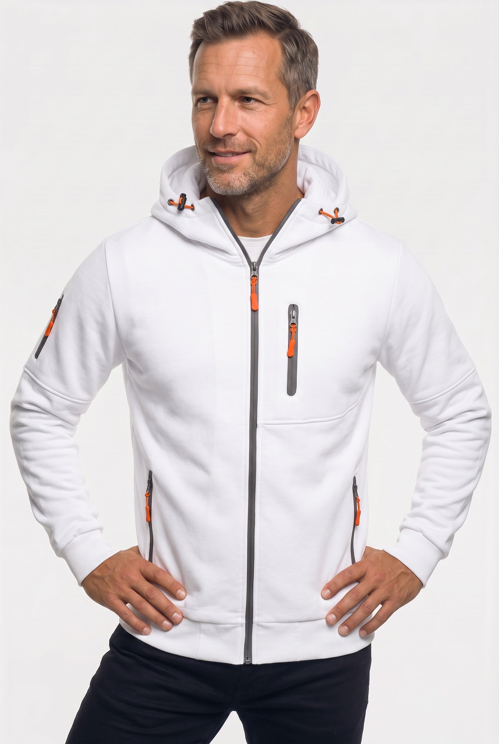 Men's Hoodie | Full Zip with Multiple Zipped Pockets - White