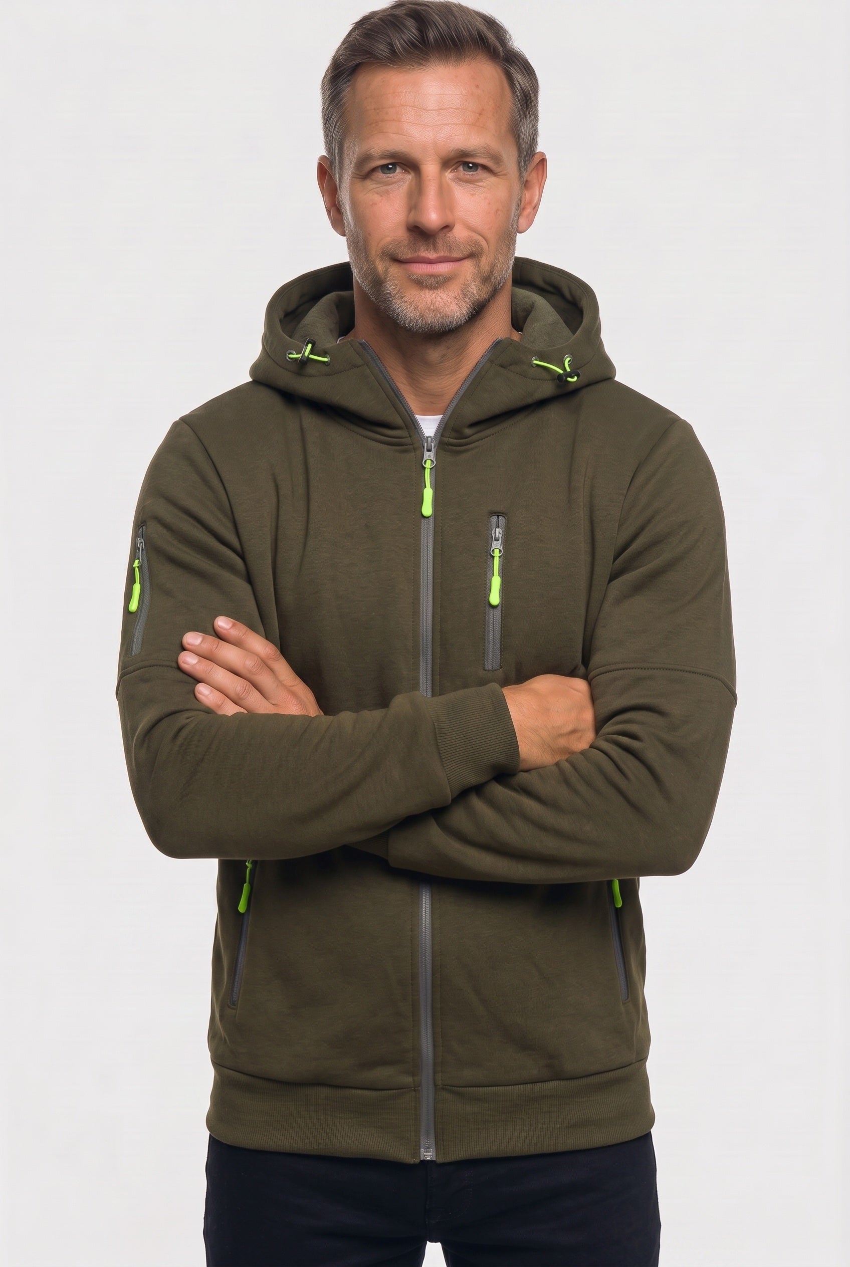 Men's Hoodie | Full Zip with Multiple Zipped Pockets - Dark Green