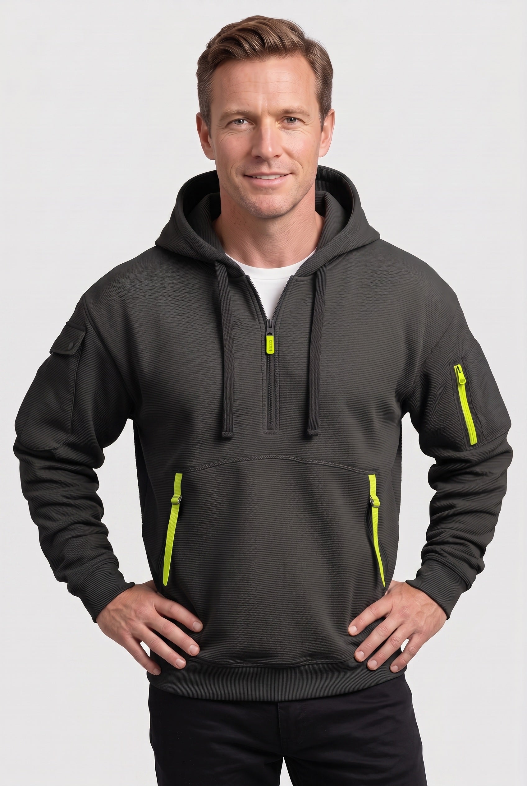 Men's Hoodie | Quarter Zip with Multiple Pockets - Black