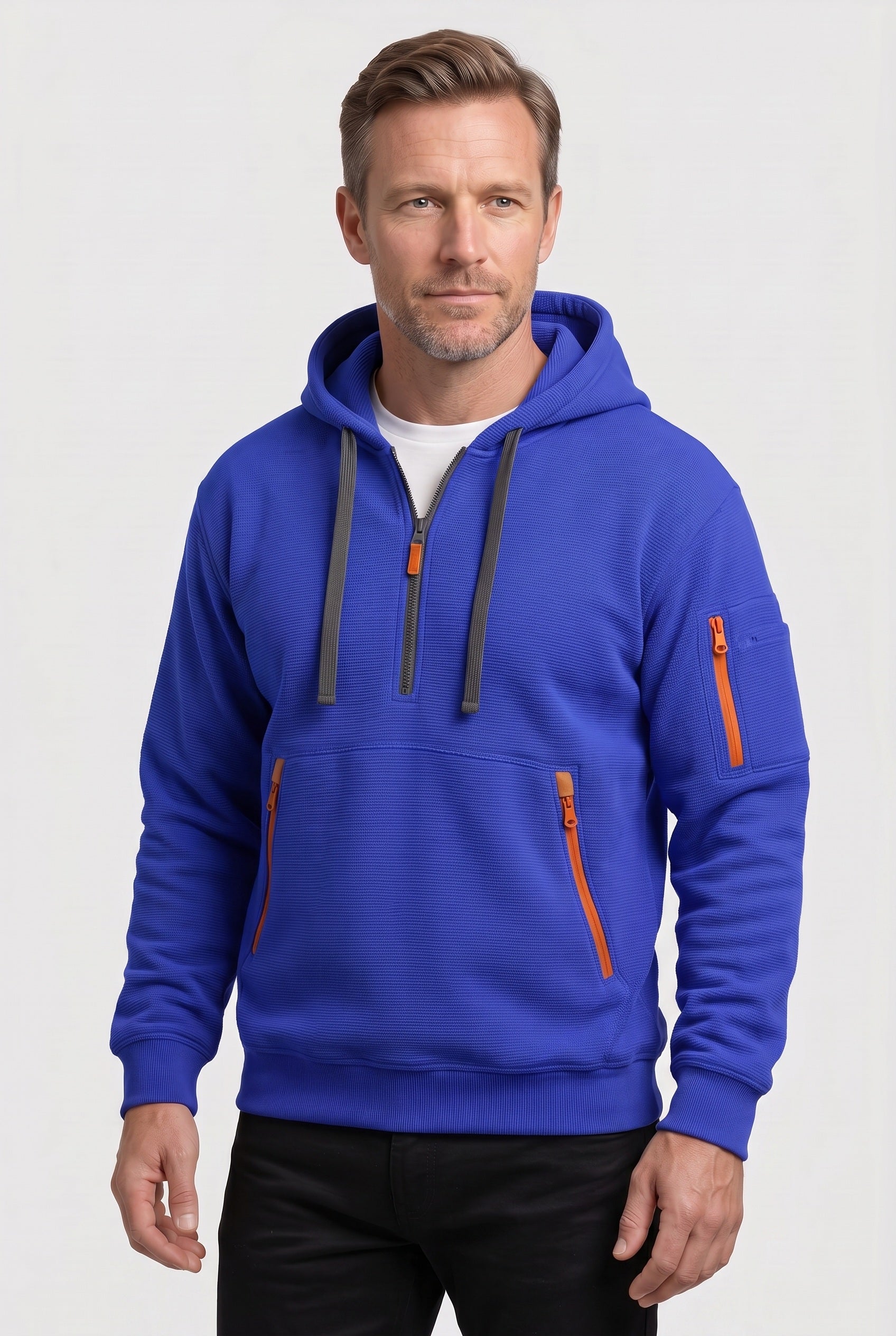 Men's Hoodie | Quarter Zip with Multiple Pockets - Blue