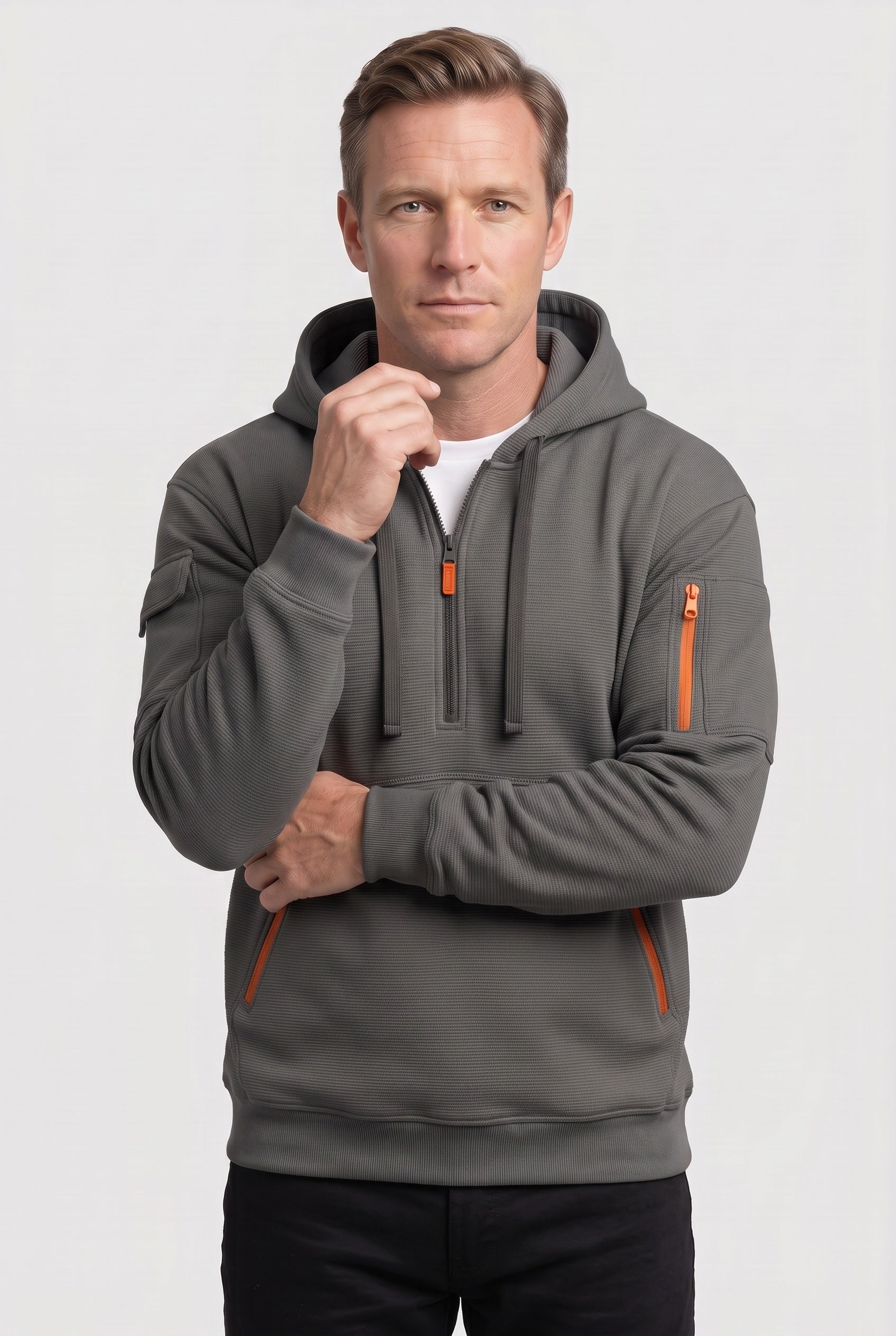 Men's Hoodie | Quarter Zip with Multiple Pockets - Grey