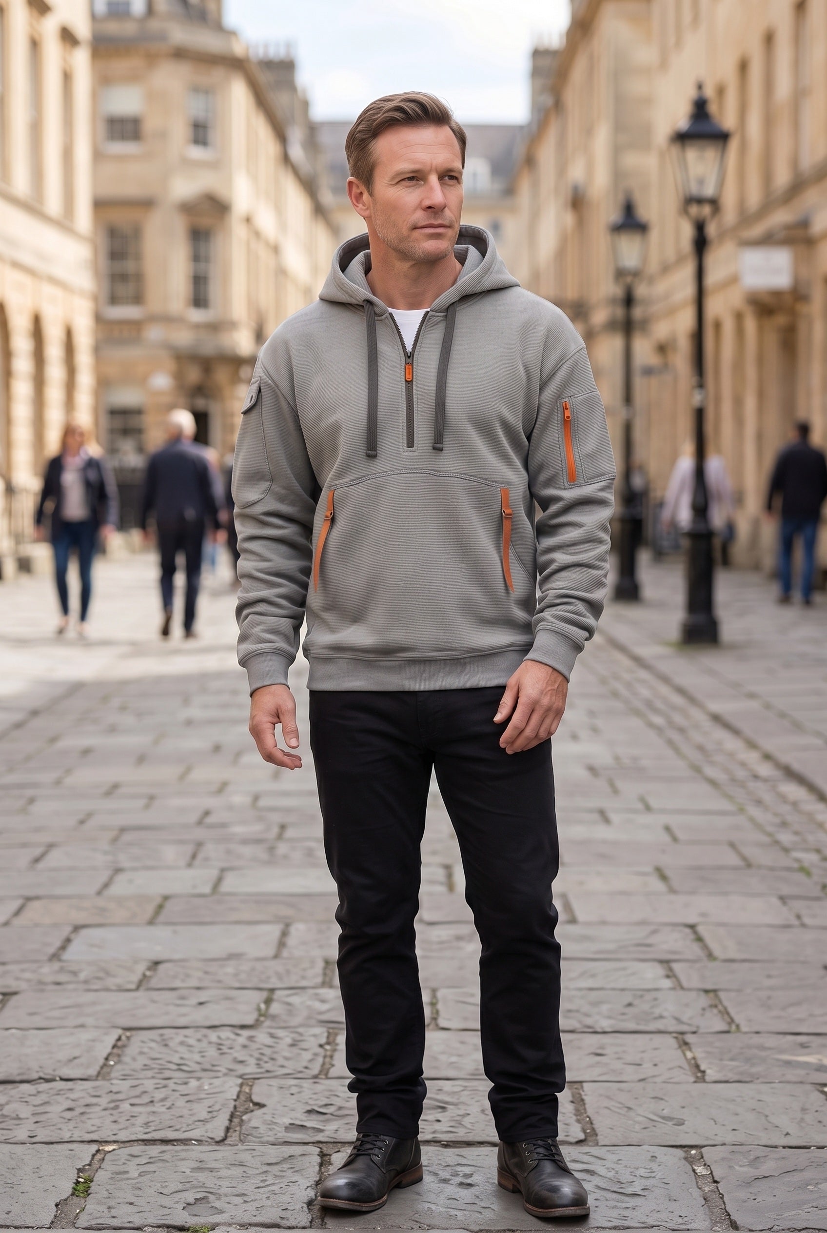 Men's Hoodie | Quarter Zip with Multiple Pockets - Light Grey lifestyle