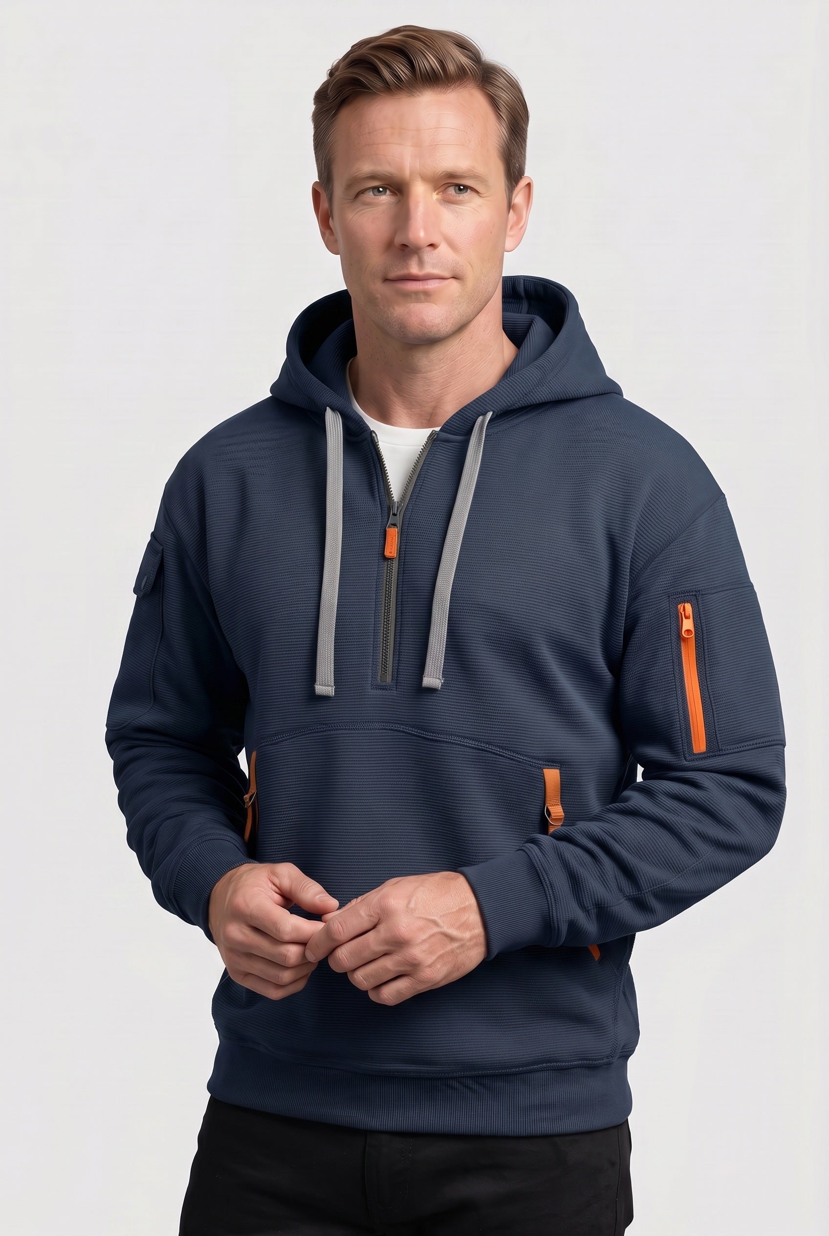 Men's Hoodie | Quarter Zip with Multiple Pockets - Navy Blue