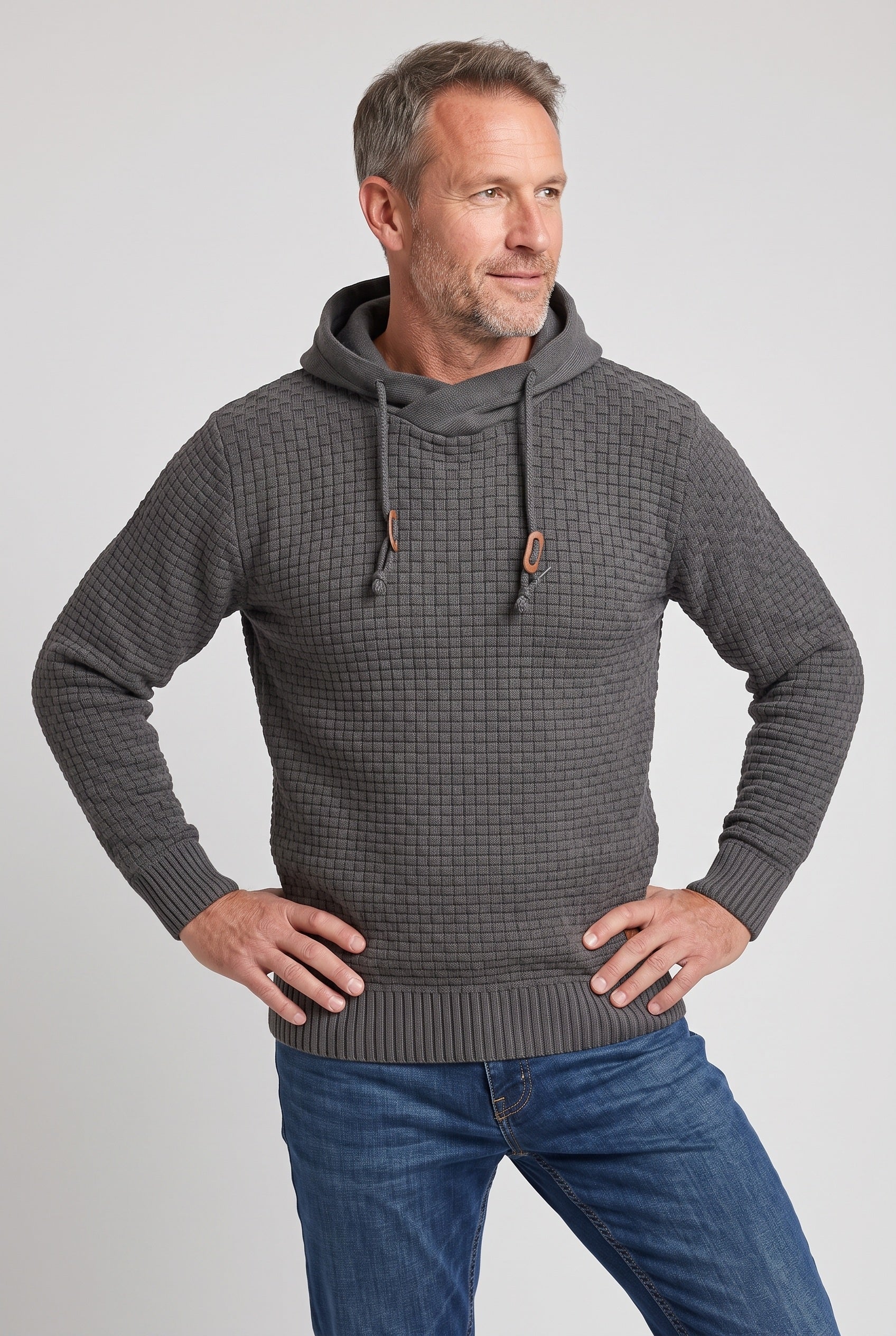 Men's Hoodie | Waffle Knit Pullover - Dark Grey