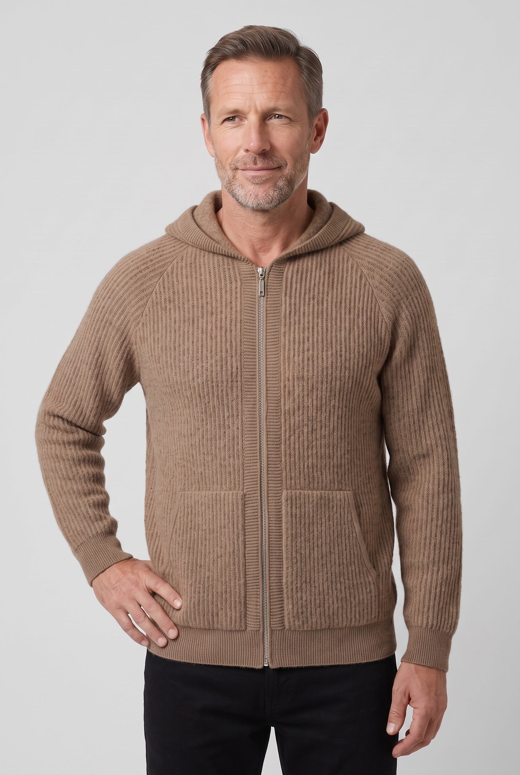 Men's Hoodie | Zip-Up Ribbed Knit - Coffee