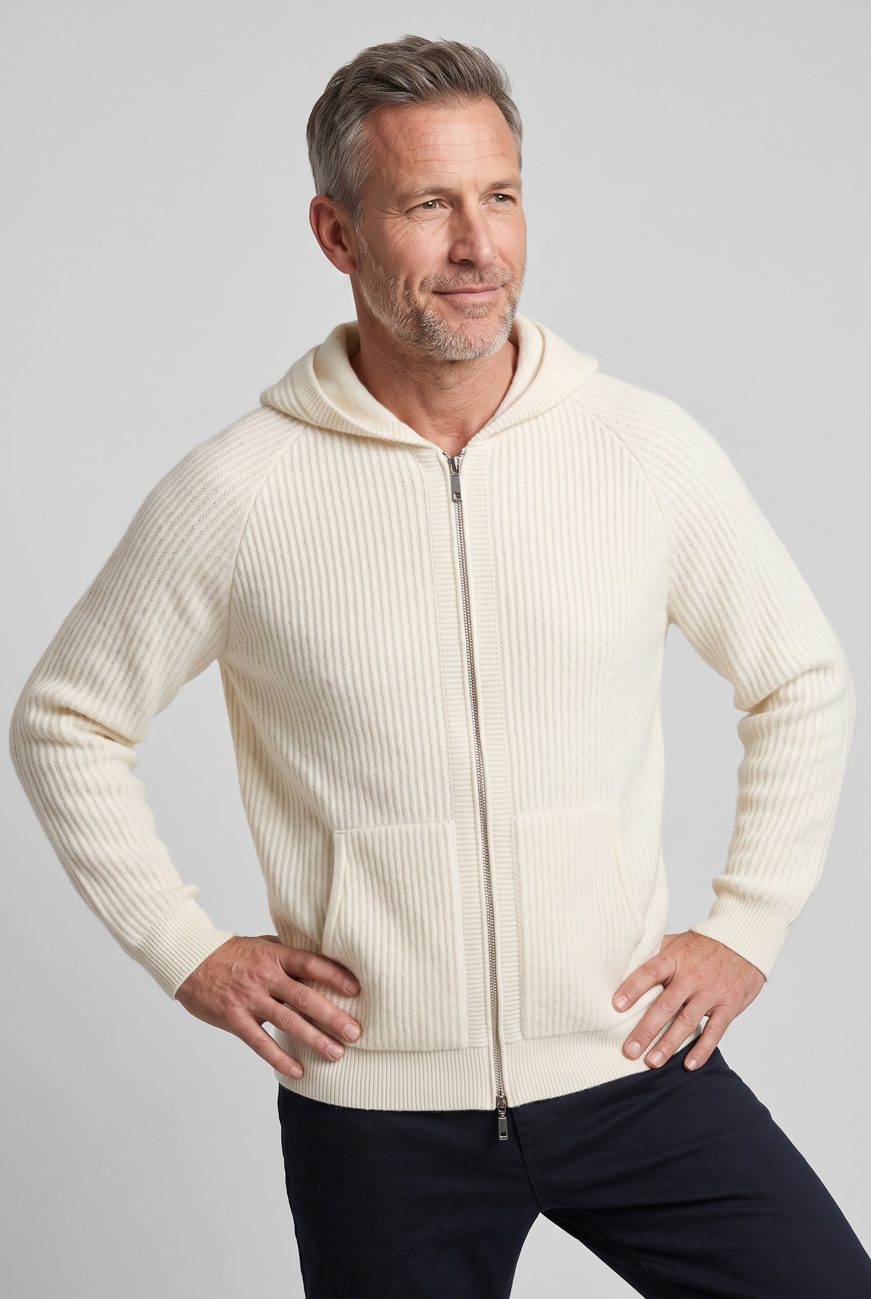 Men's Hoodie | Zip-Up Ribbed Knit - Cream White