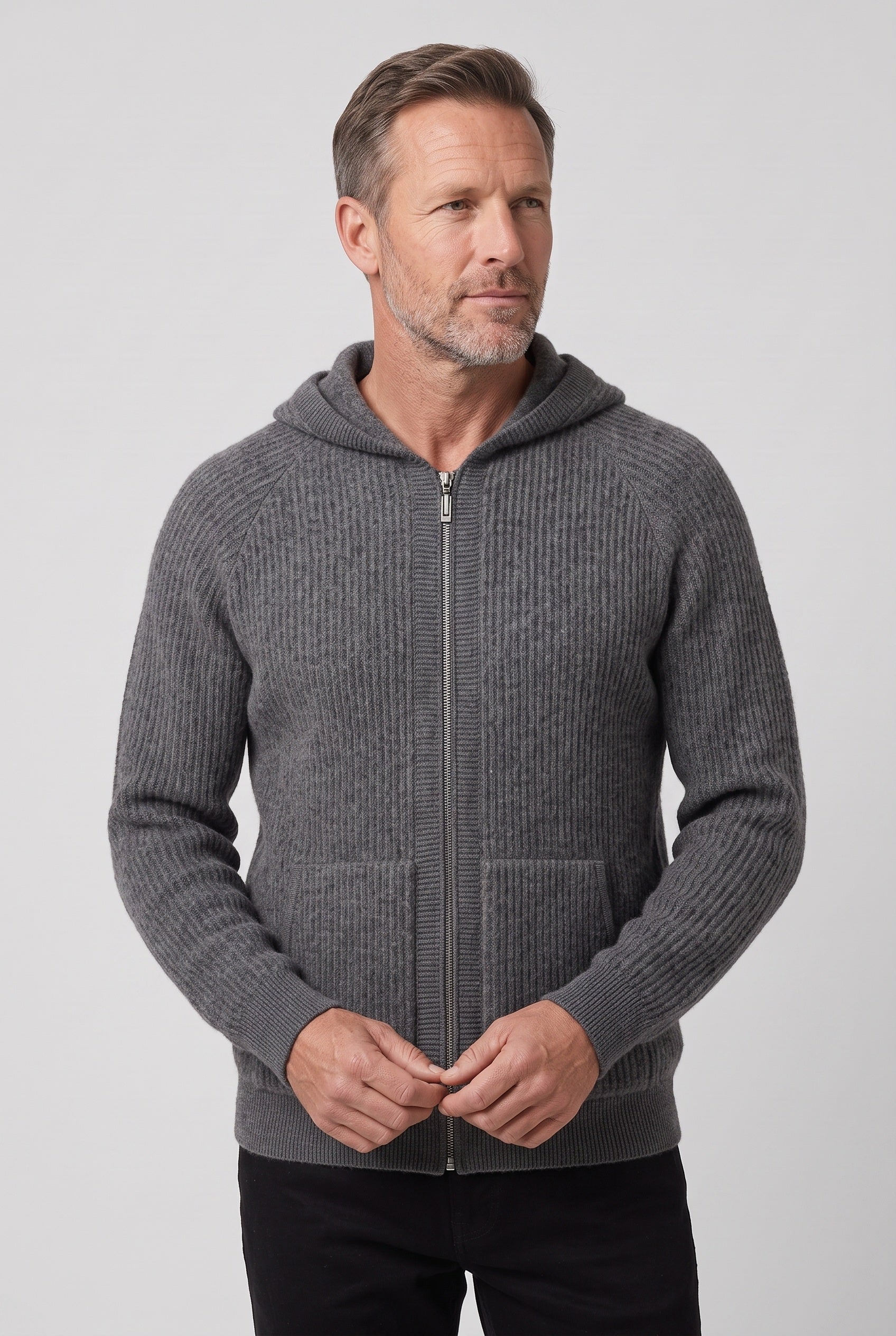 Men's Hoodie | Zip-Up Ribbed Knit - Dark Grey