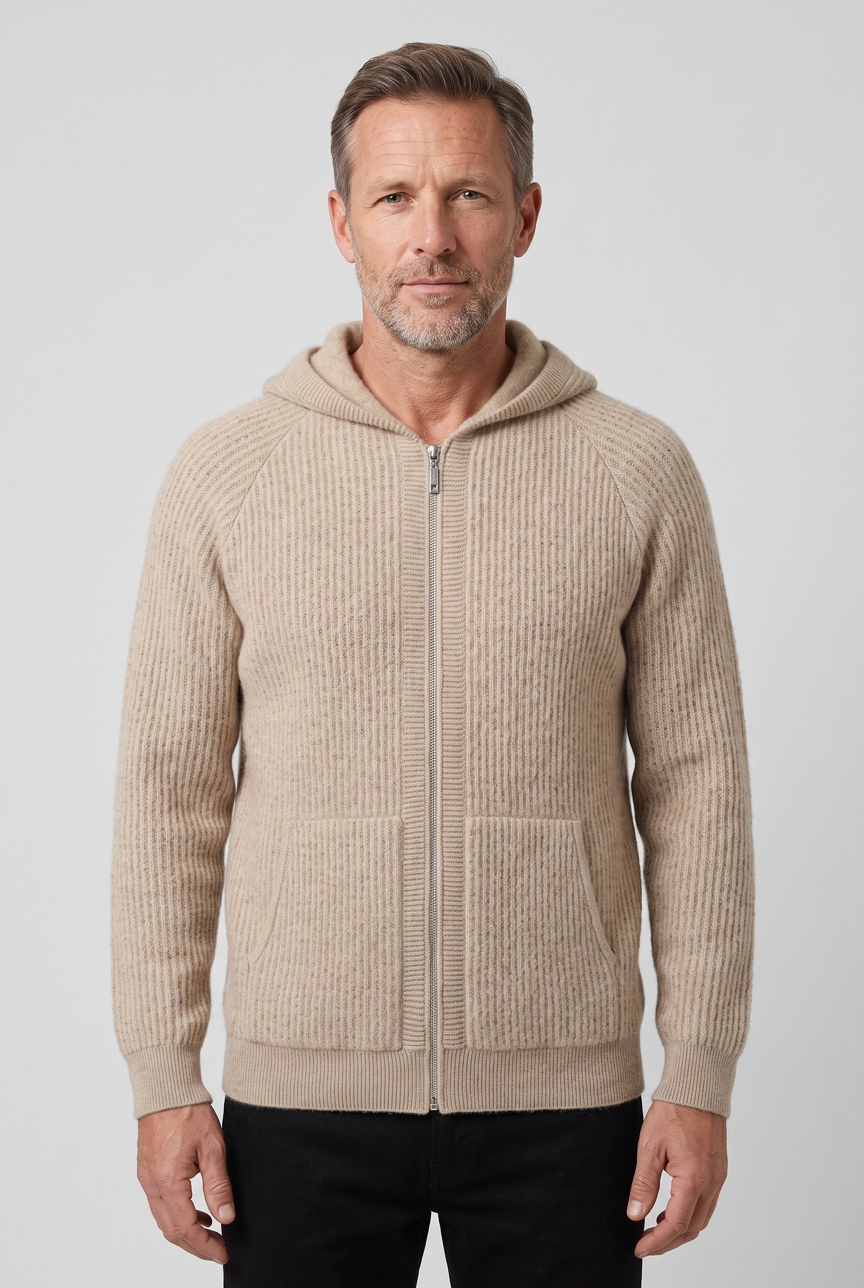Men's Hoodie | Zip-Up Ribbed Knit - Sand