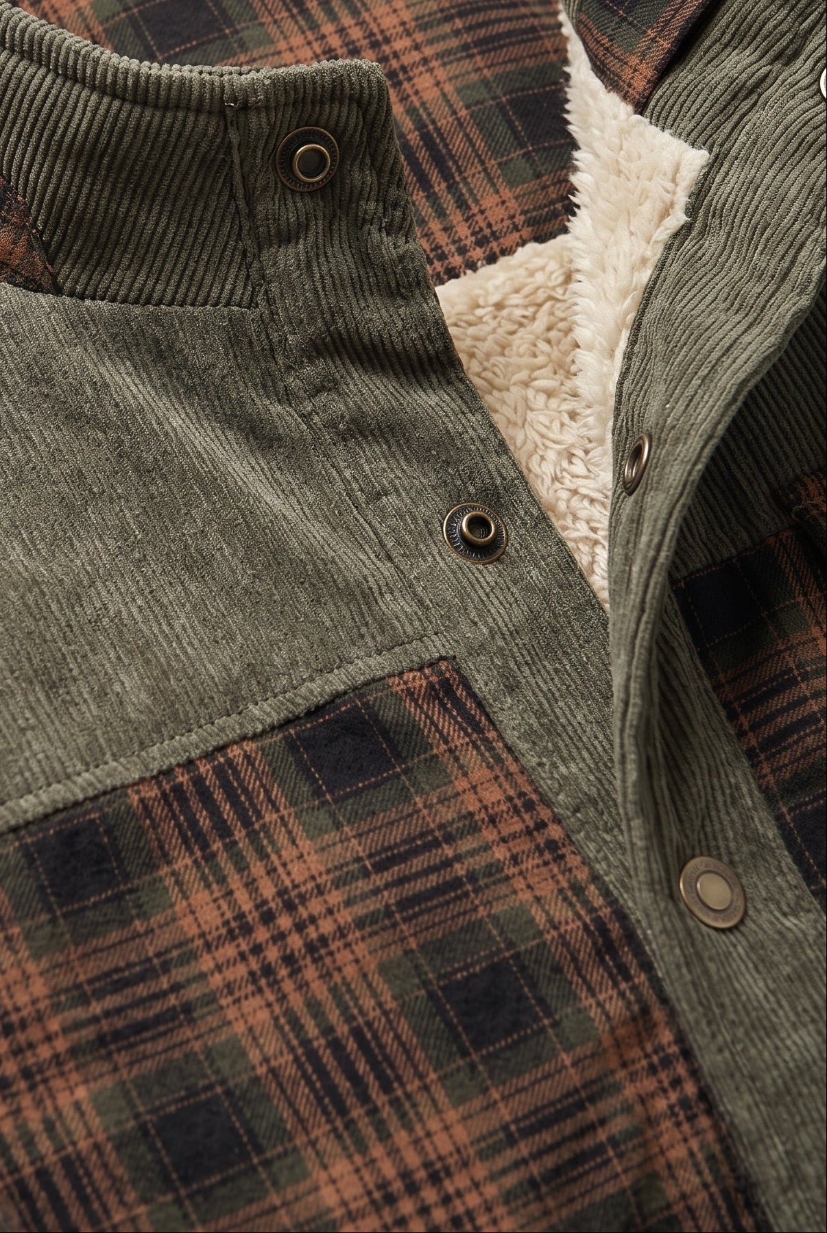 Men's Jacket | Corduroy-Collar Check Shacket - Army Green detail