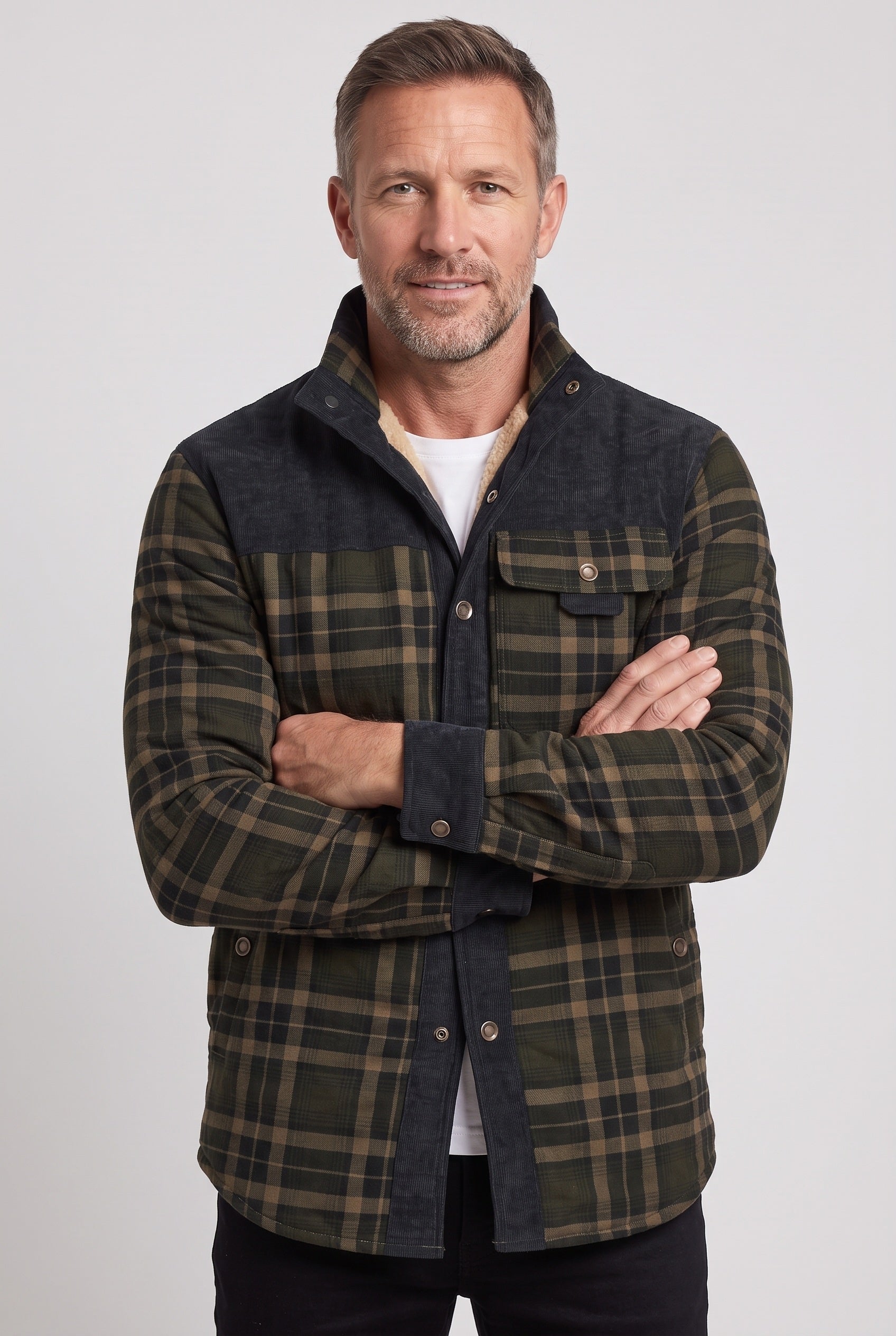 Men's Jacket | Corduroy-Collar Check Shacket - Black Army Green